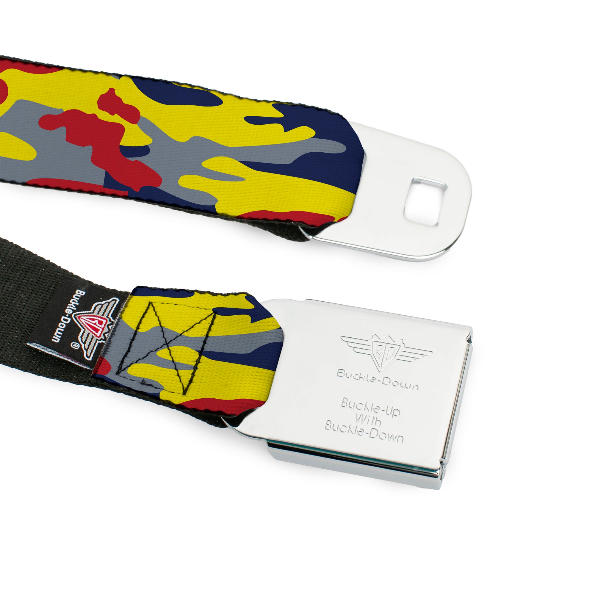 Superman Shadow Shield Full Color Black/Red/Yellow Seatbelt Belt - Superman Camo Yellow/Red/Blue/Gray Webbing Seatbelt Belts DC Comics