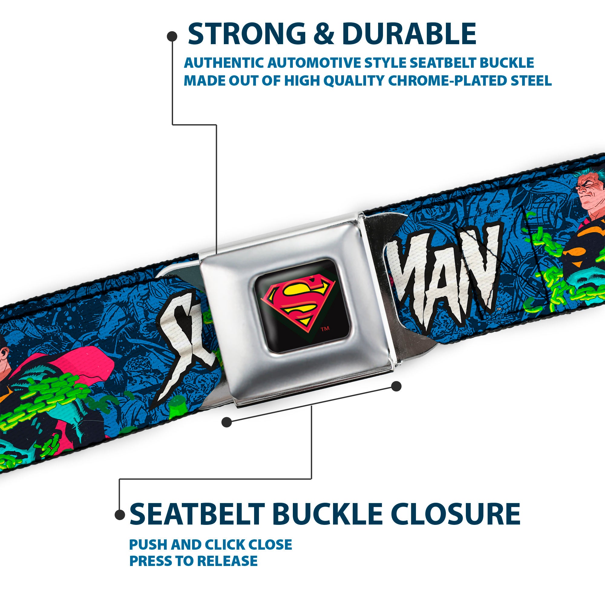 Superman Shield Logo Full Color Black Seatbelt Belt - SUPERMAN Breaking Chains Force for Good Pose and Text Blues Webbing Seatbelt Belts DC Comics