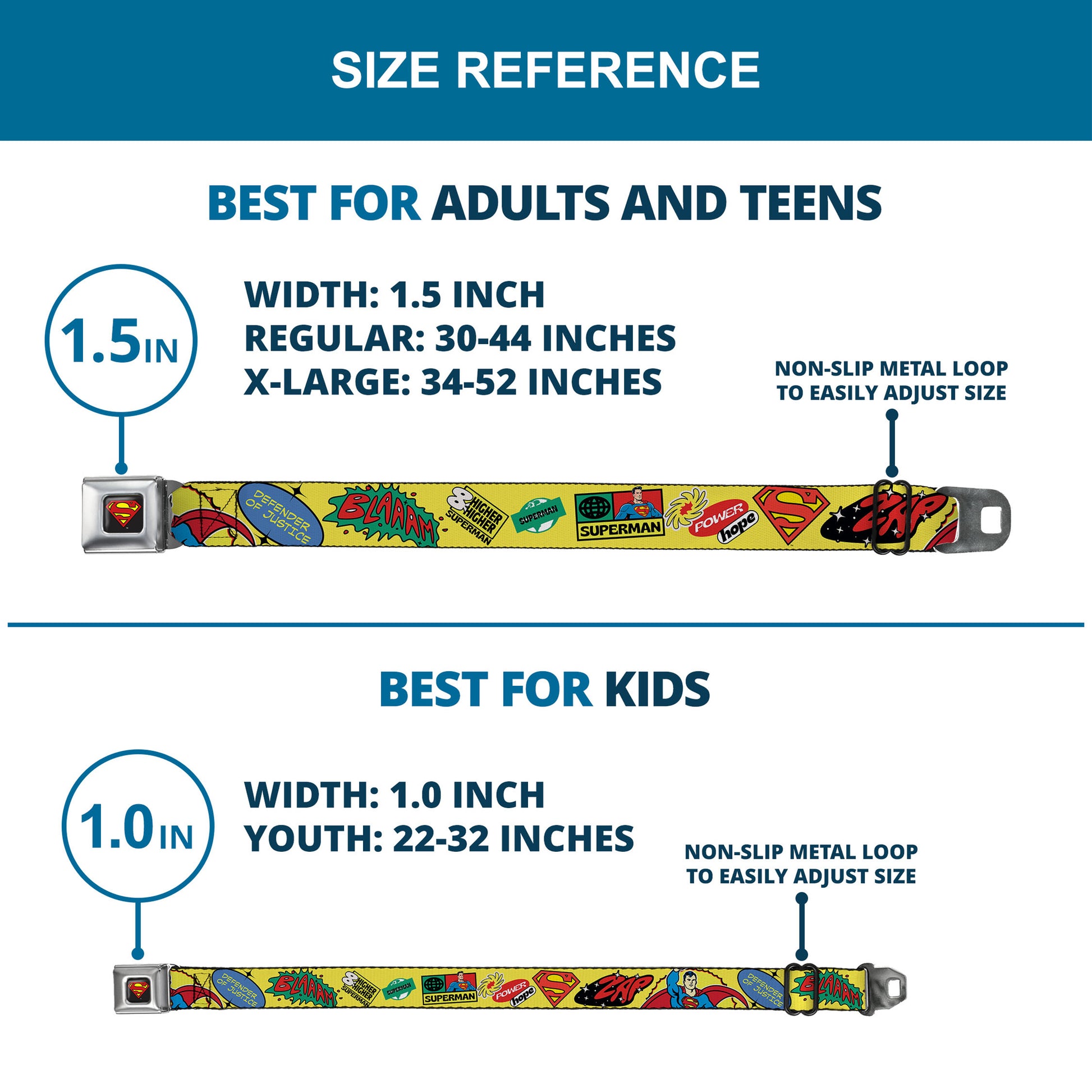 Superman Shield Logo Full Color Black Seatbelt Belt - SUPERMAN Breaking Chains Force for Good Pose and Text Blues Webbing Seatbelt Belts DC Comics