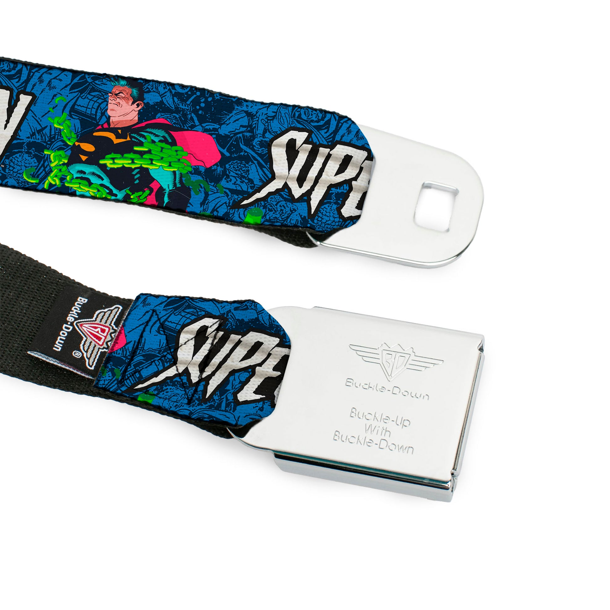 Superman Shield Logo Full Color Black Seatbelt Belt - SUPERMAN Breaking Chains Force for Good Pose and Text Blues Webbing Seatbelt Belts DC Comics