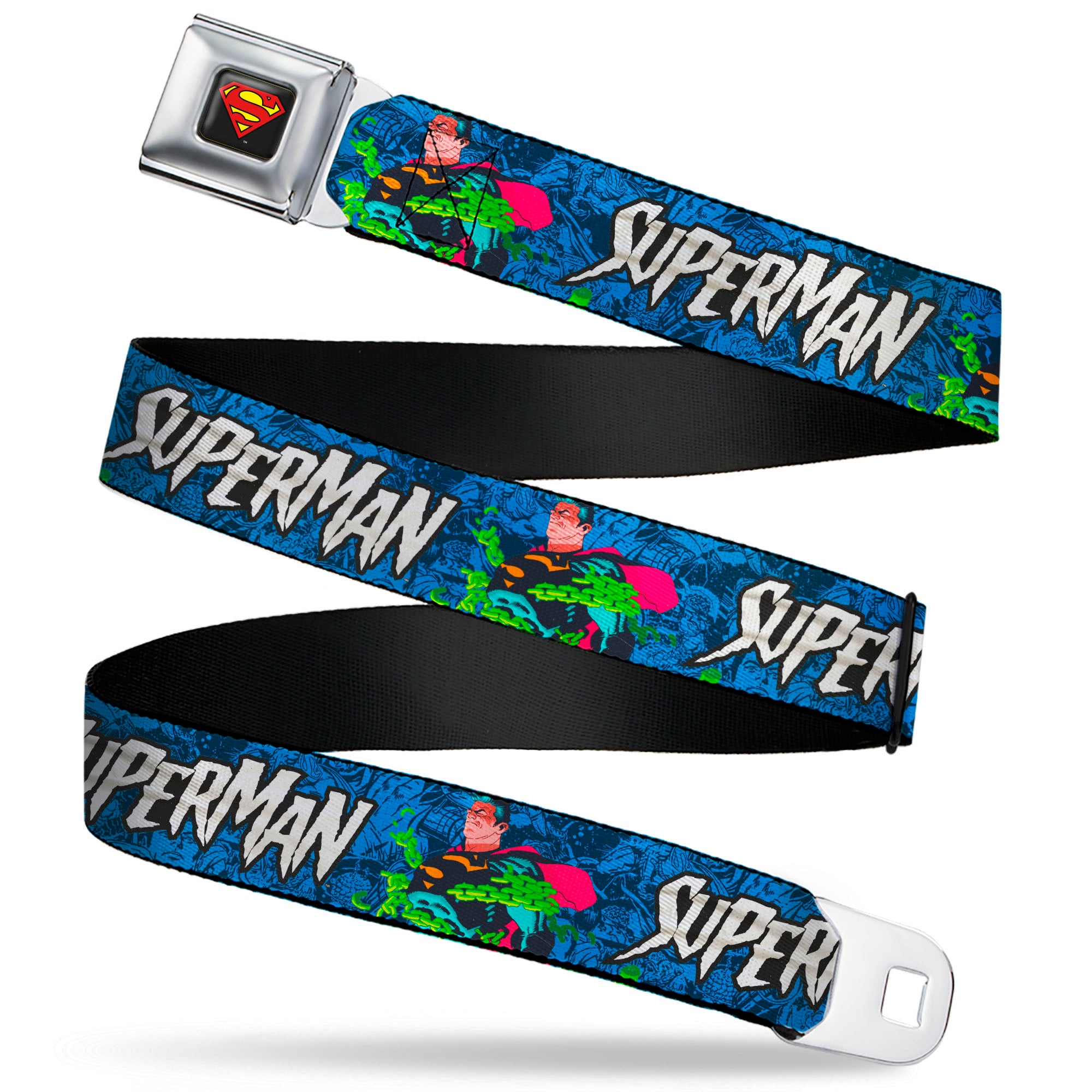 Superman Shield Logo Full Color Black Seatbelt Belt - SUPERMAN Breaking Chains Force for Good Pose and Text Blues Webbing Seatbelt Belts DC Comics