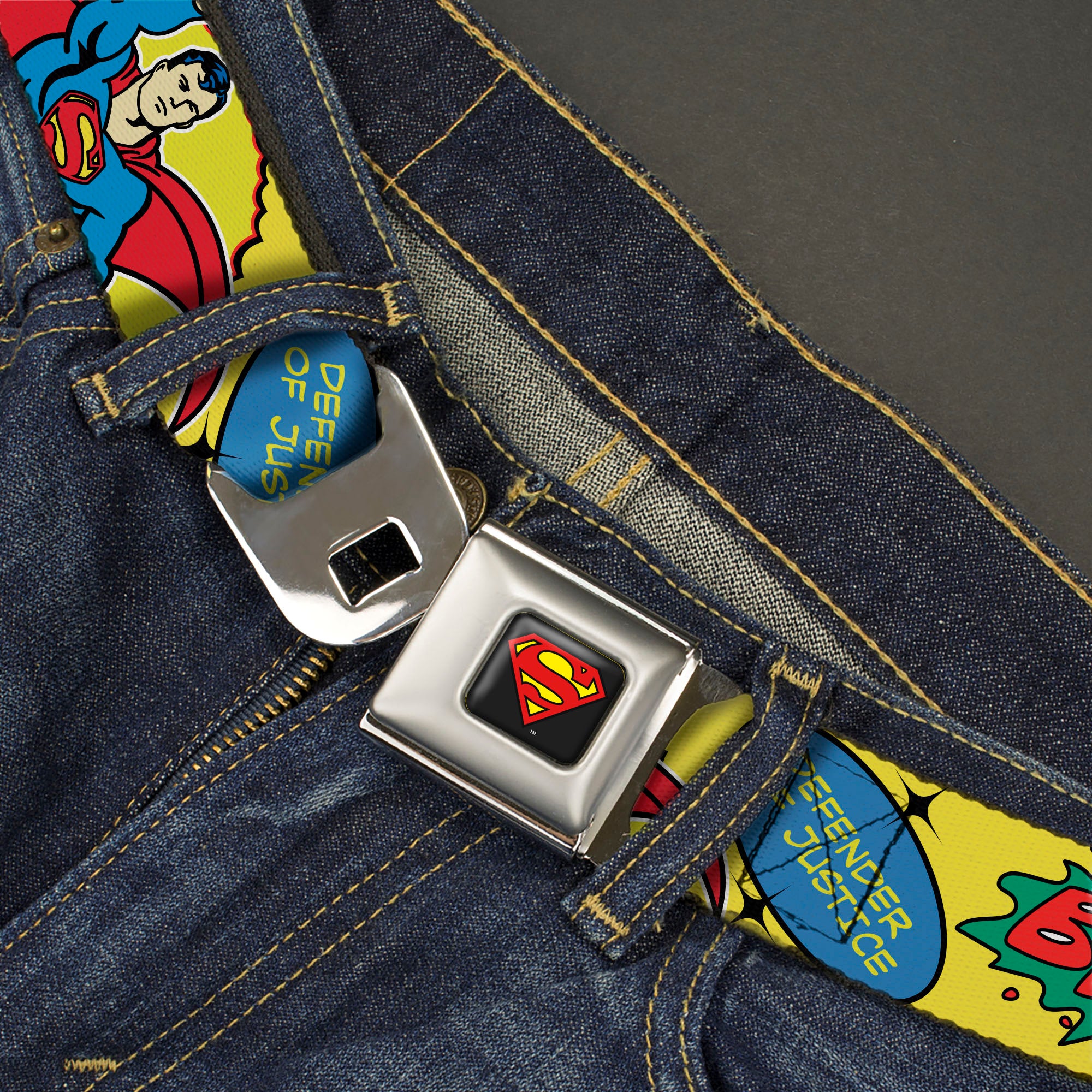Superman Shield Logo Full Color Black Seatbelt Belt - SUPERMAN Pose Quotes and Icons Collage Yellow/Multi Color Webbing Seatbelt Belts DC Comics