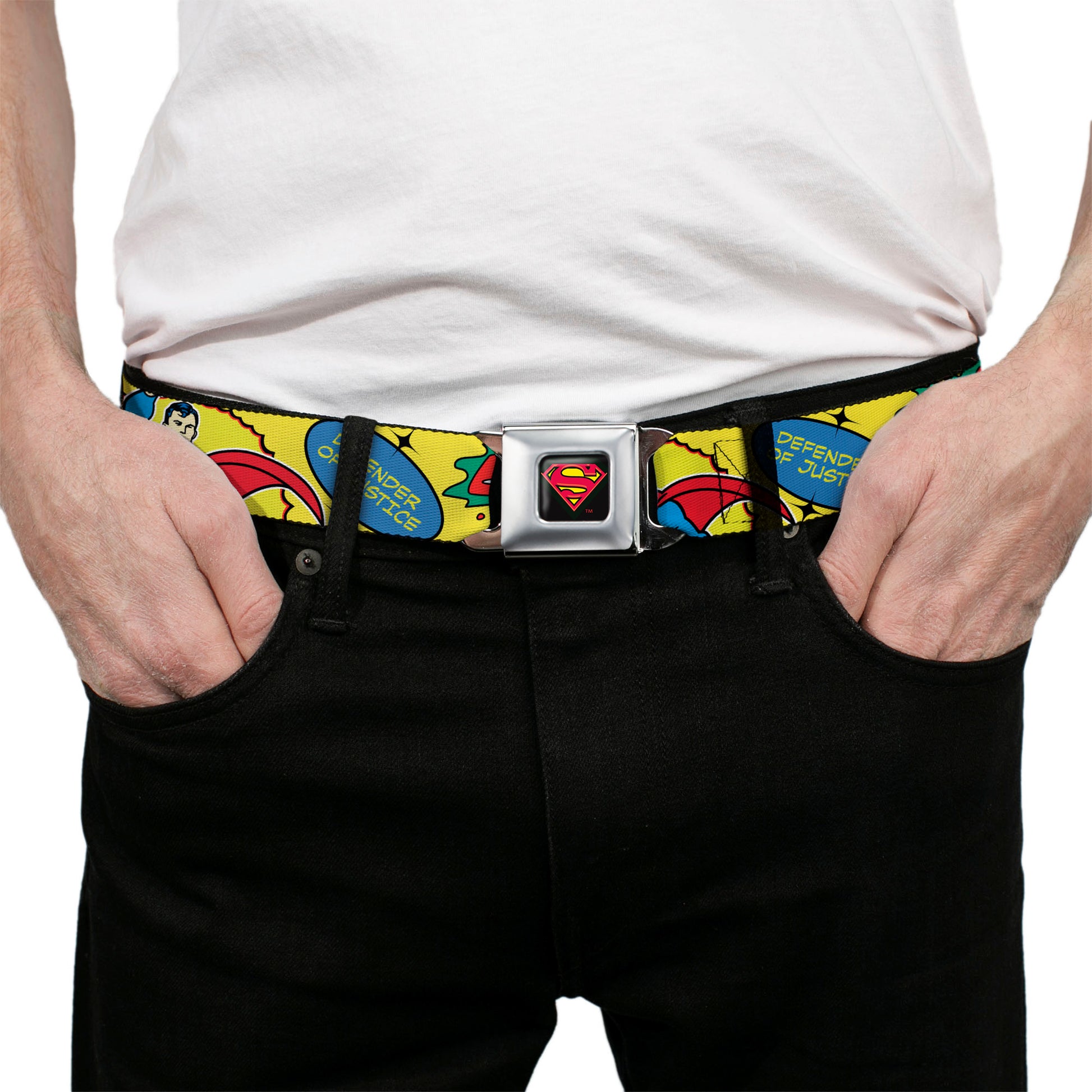 Superman Shield Logo Full Color Black Seatbelt Belt - SUPERMAN Pose Quotes and Icons Collage Yellow/Multi Color Webbing Seatbelt Belts DC Comics