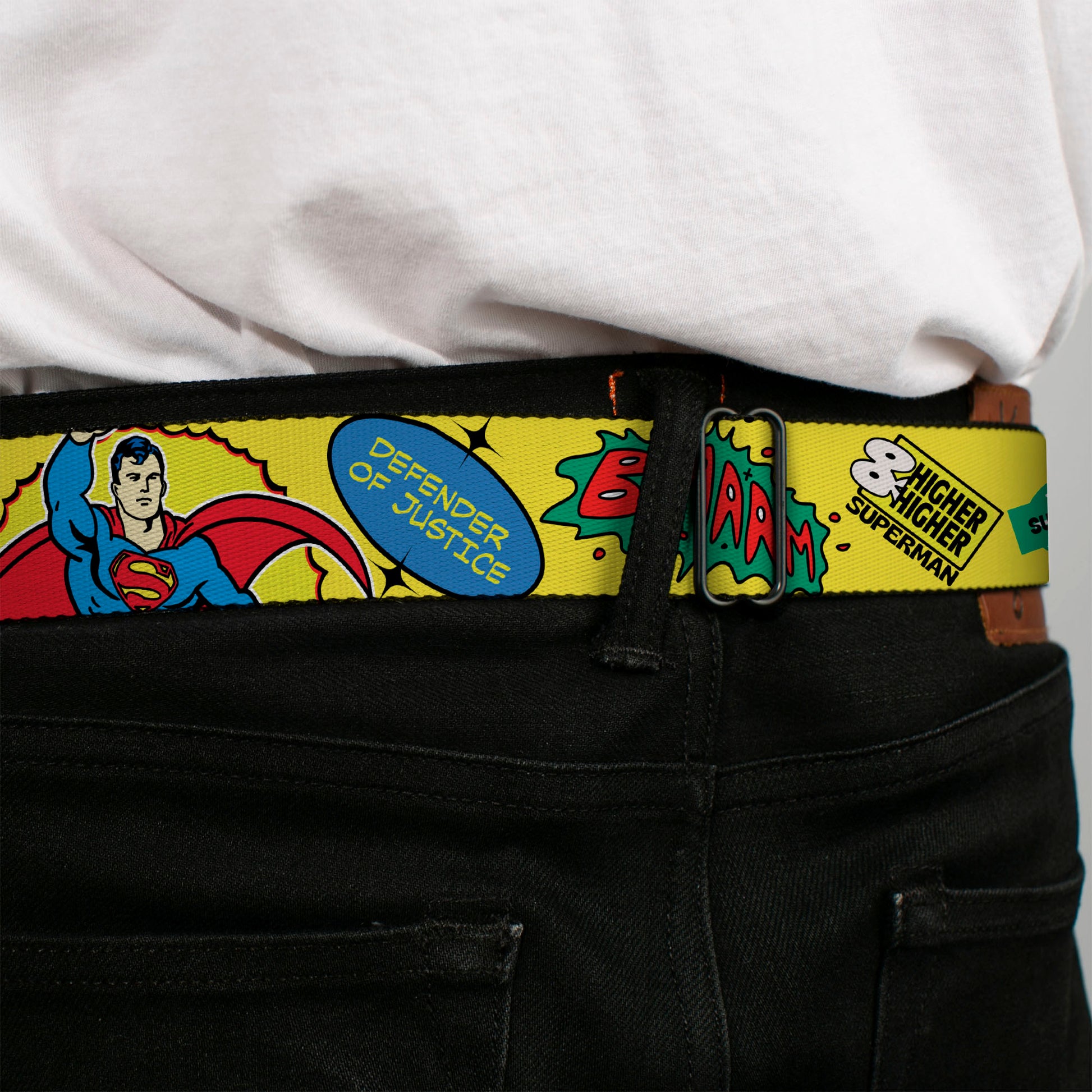 Superman Shield Logo Full Color Black Seatbelt Belt - SUPERMAN Pose Quotes and Icons Collage Yellow/Multi Color Webbing Seatbelt Belts DC Comics