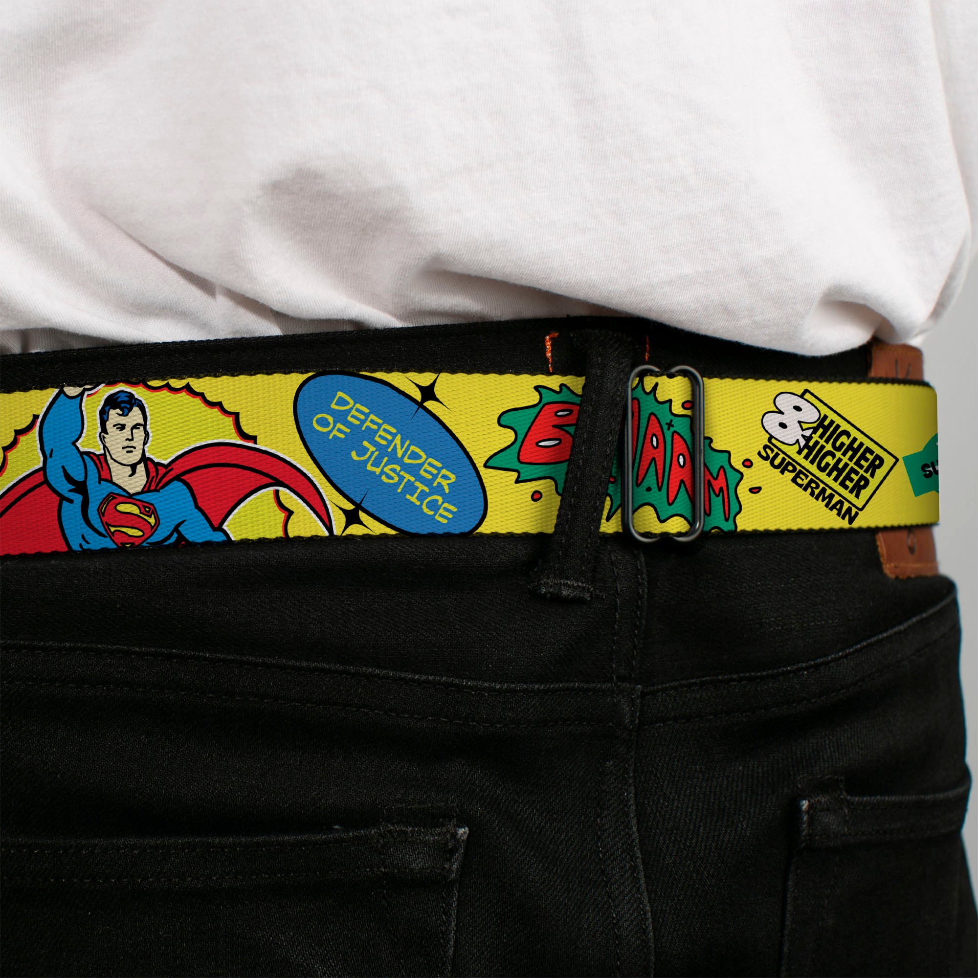 Superman Shield Logo Full Color Black Seatbelt Belt - SUPERMAN Pose Quotes and Icons Collage Yellow/Multi Color Webbing Seatbelt Belts DC Comics