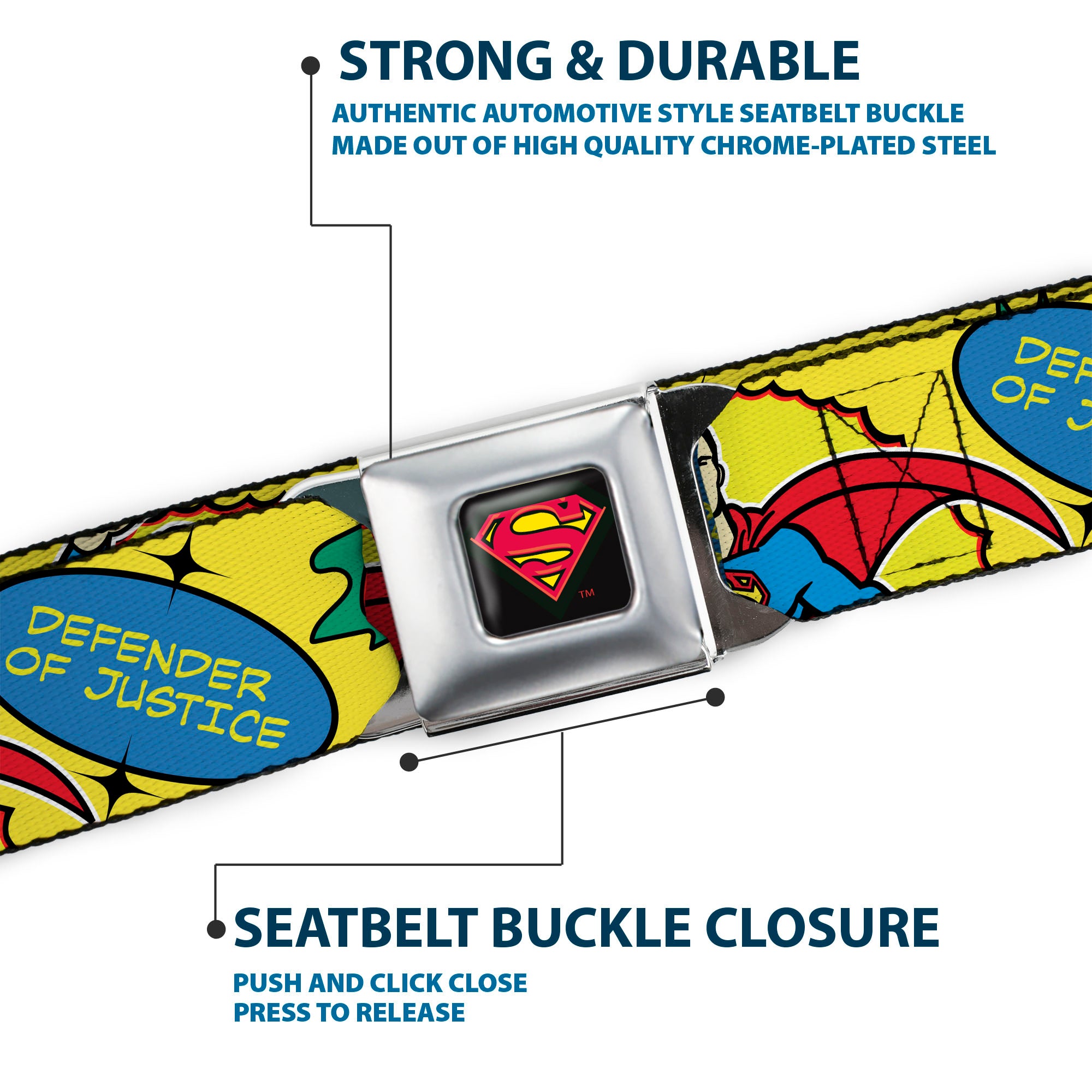 Superman Shield Logo Full Color Black Seatbelt Belt - SUPERMAN Pose Quotes and Icons Collage Yellow/Multi Color Webbing Seatbelt Belts DC Comics