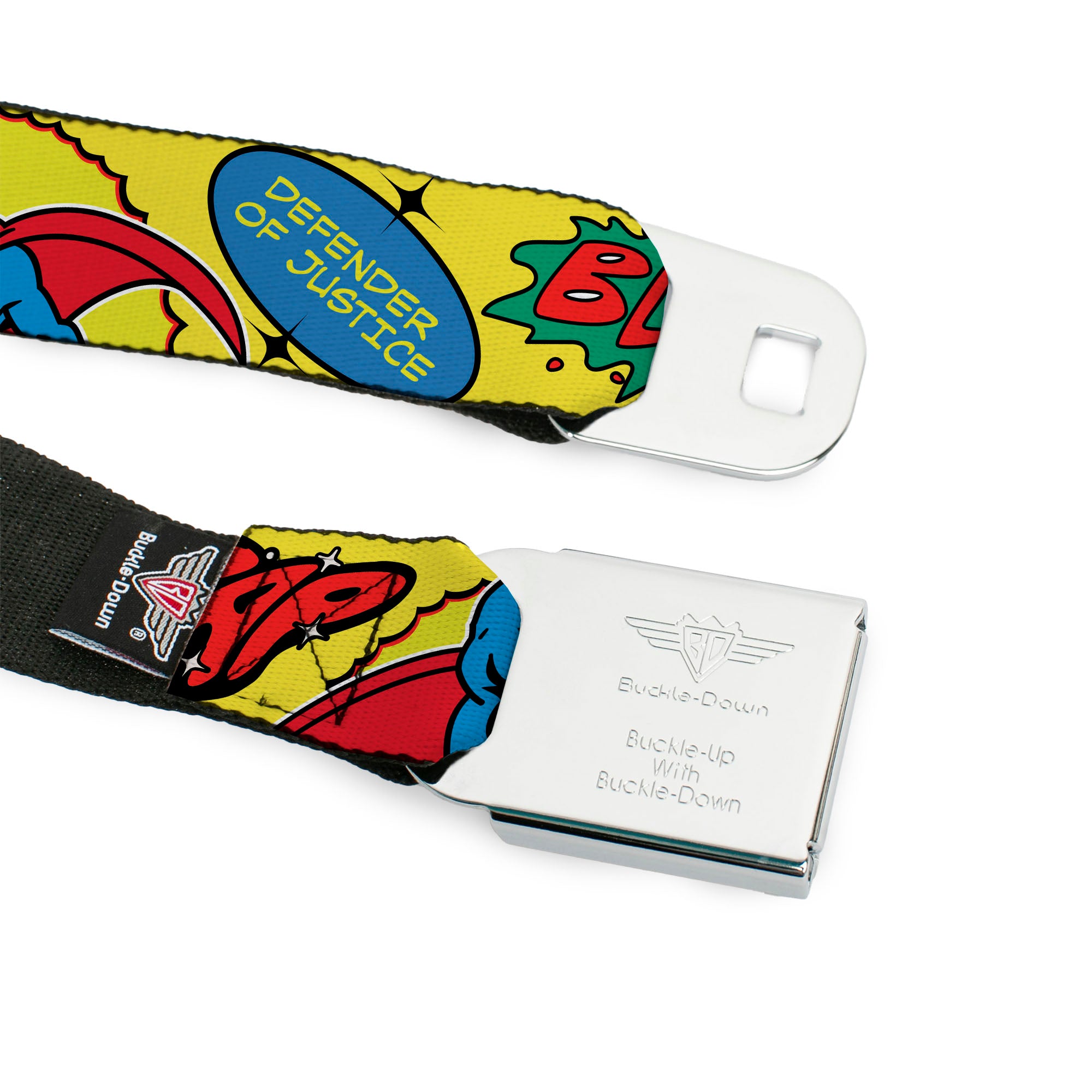 Superman Shield Logo Full Color Black Seatbelt Belt - SUPERMAN Pose Quotes and Icons Collage Yellow/Multi Color Webbing Seatbelt Belts DC Comics