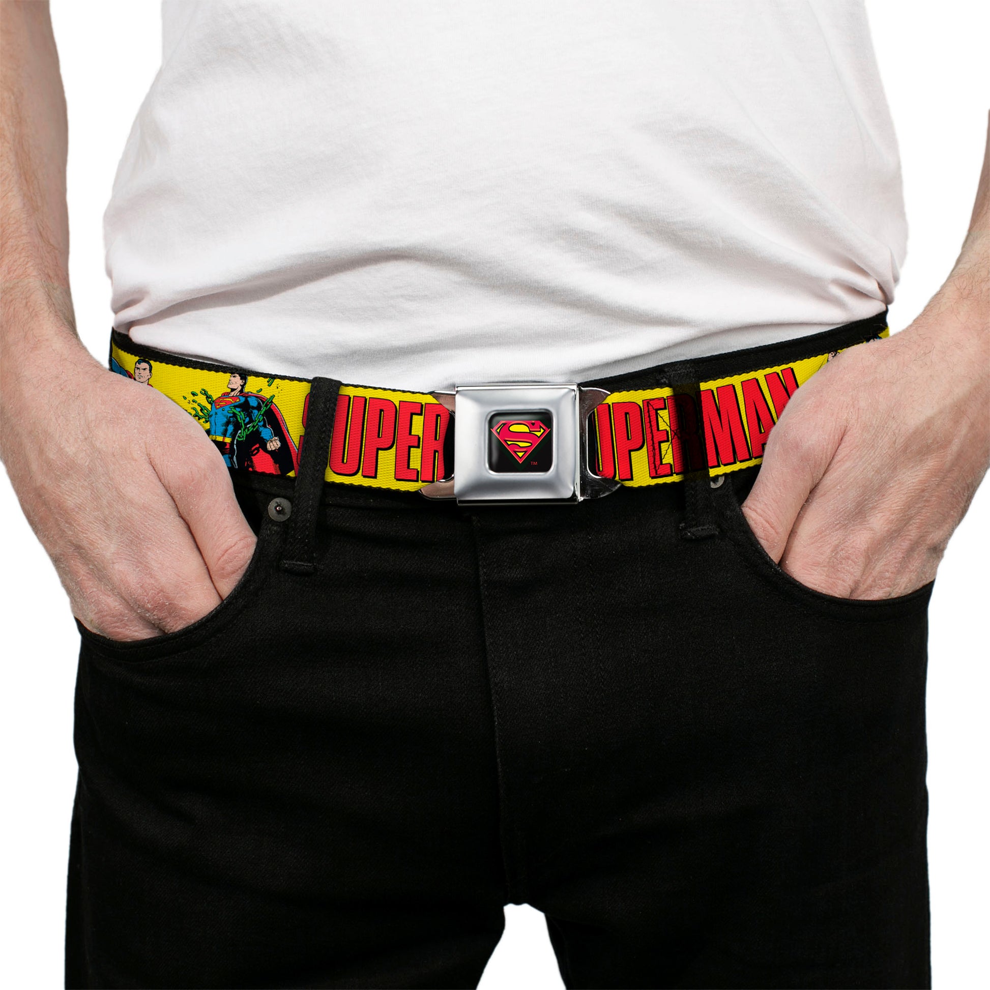 Superman Shield Logo Full Color Black Seatbelt Belt - SUPERMAN Action Poses and Text Yellow/Red Webbing Seatbelt Belts DC Comics