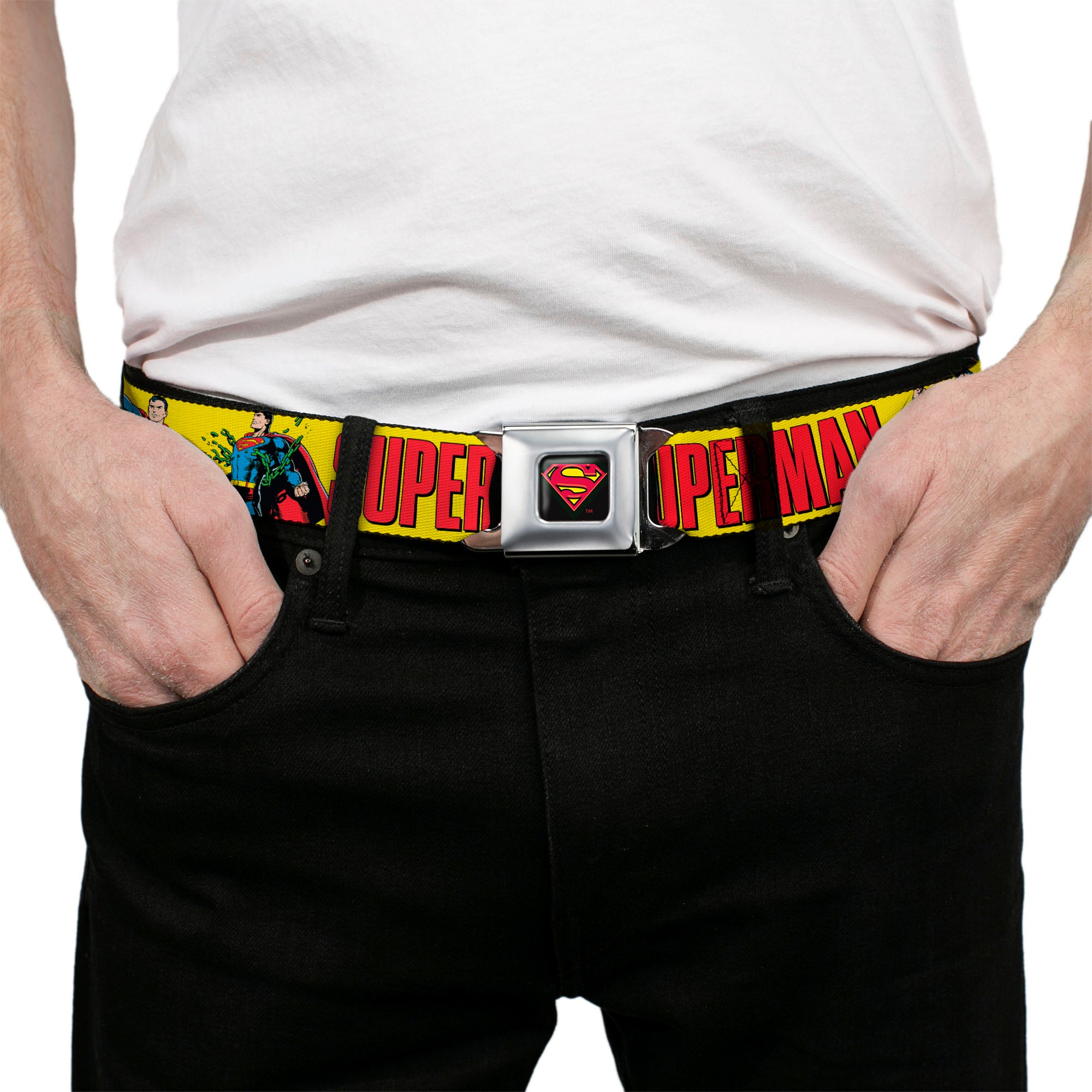 Superman Shield Logo Full Color Black Seatbelt Belt - SUPERMAN Action Poses and Text Yellow/Red Webbing Seatbelt Belts DC Comics