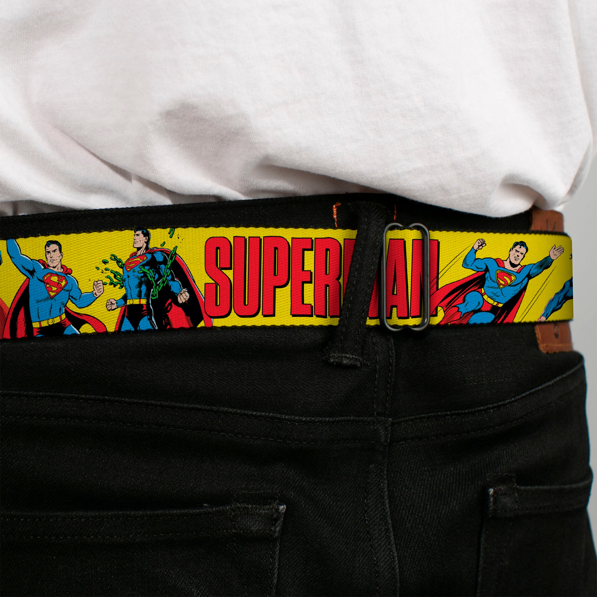 Superman Shield Logo Full Color Black Seatbelt Belt - SUPERMAN Action Poses and Text Yellow/Red Webbing Seatbelt Belts DC Comics