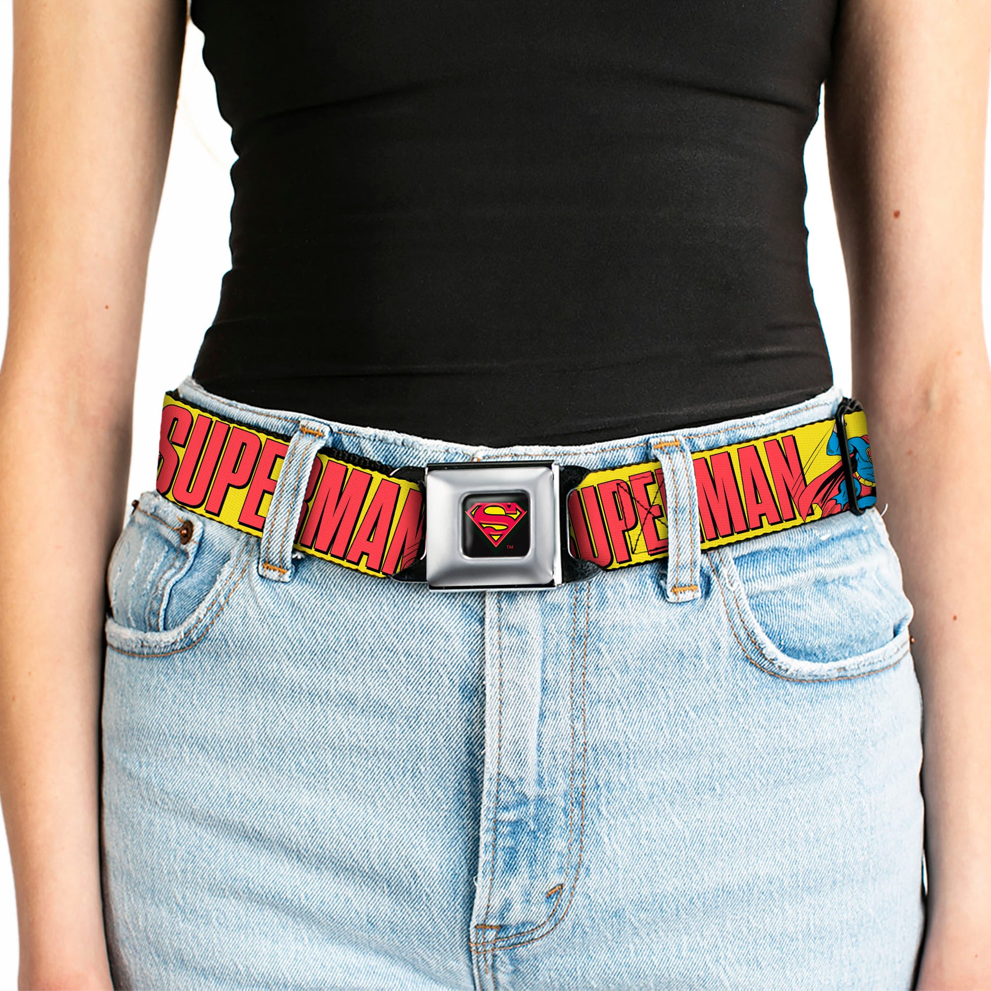 Superman Shield Logo Full Color Black Seatbelt Belt - SUPERMAN Action Poses and Text Yellow/Red Webbing Seatbelt Belts DC Comics