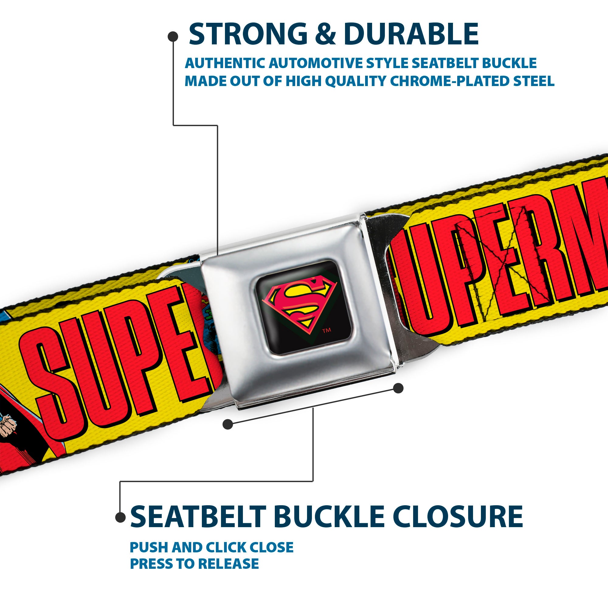 Superman Shield Logo Full Color Black Seatbelt Belt - SUPERMAN Action Poses and Text Yellow/Red Webbing Seatbelt Belts DC Comics