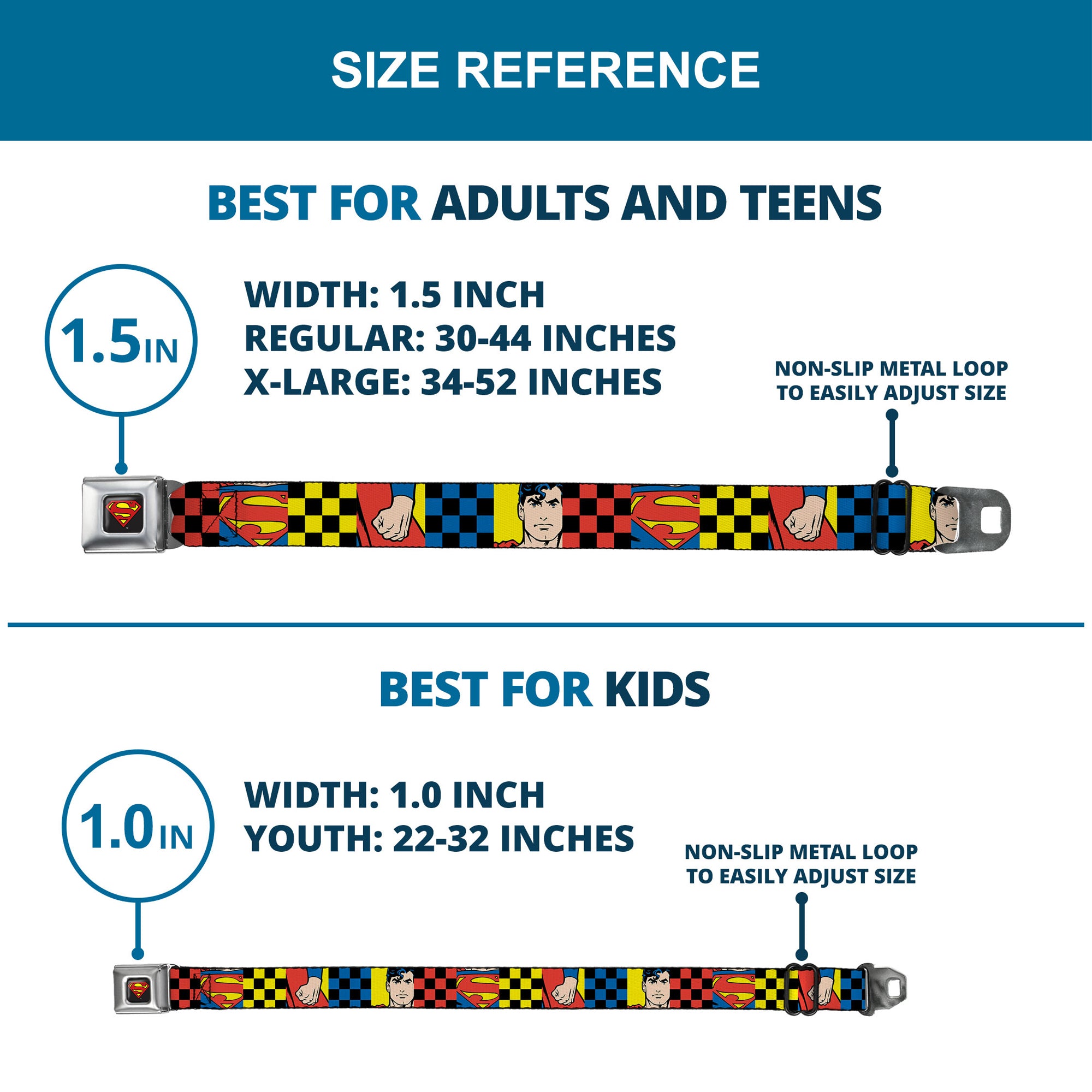 Superman Shield Logo Full Color Black Seatbelt Belt - SUPERMAN Action Poses and Text Yellow/Red Webbing Seatbelt Belts DC Comics