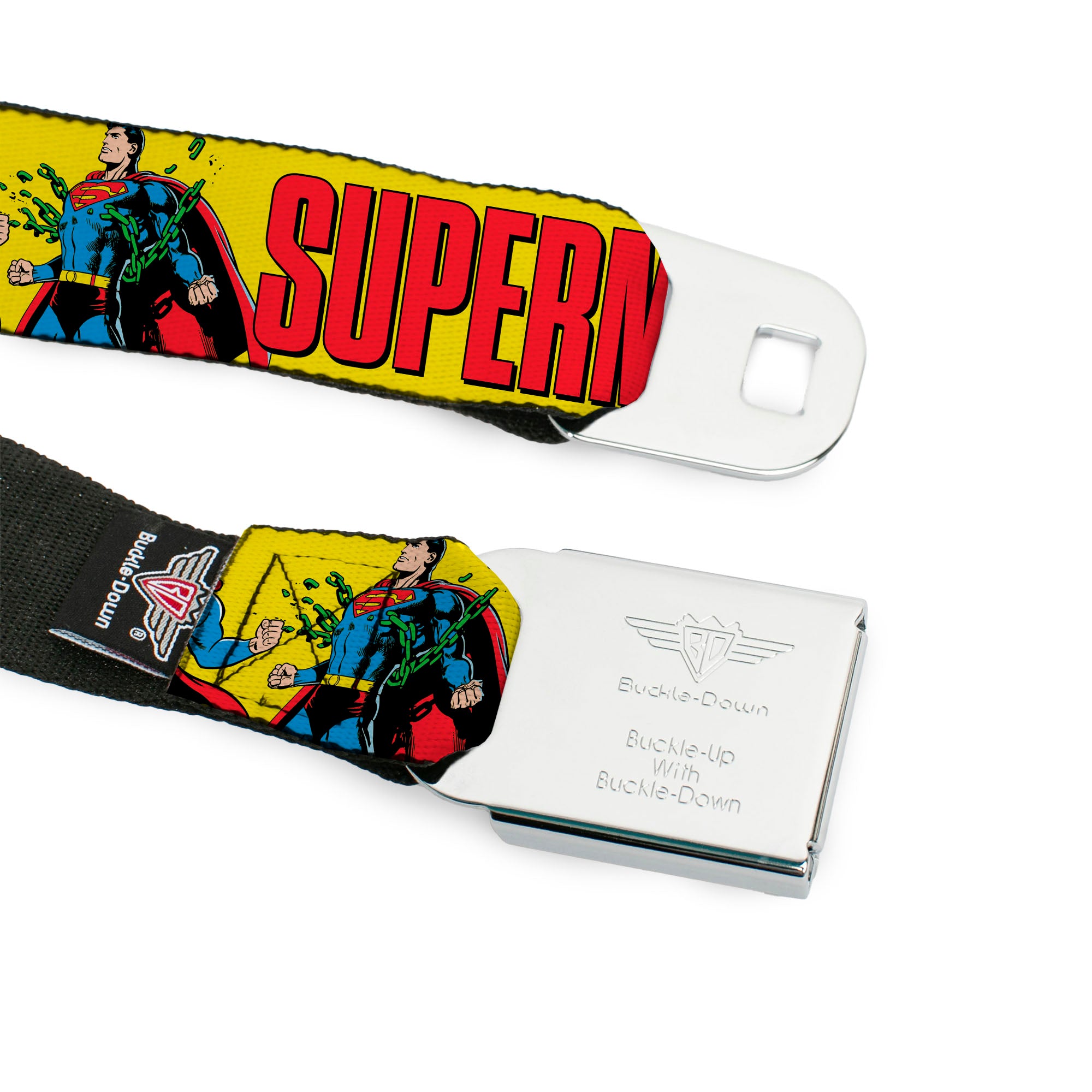 Superman Shield Logo Full Color Black Seatbelt Belt - SUPERMAN Action Poses and Text Yellow/Red Webbing Seatbelt Belts DC Comics