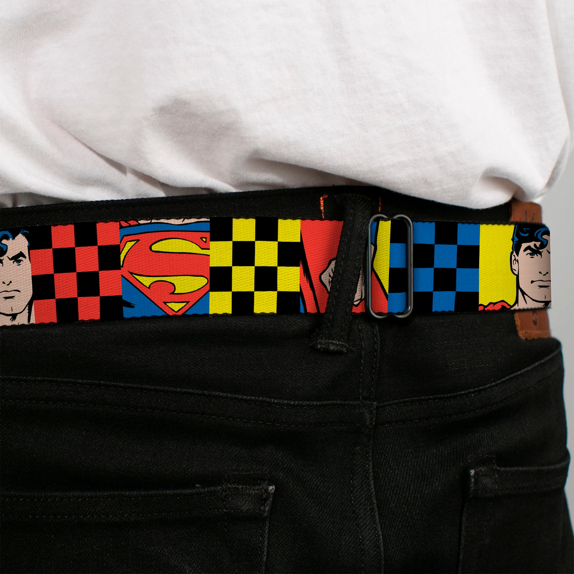 Superman Shield Logo Full Color Black Seatbelt Belt - Superman Character Close-Up and Checker Blocks Multi Color Webbing Seatbelt Belts DC Comics