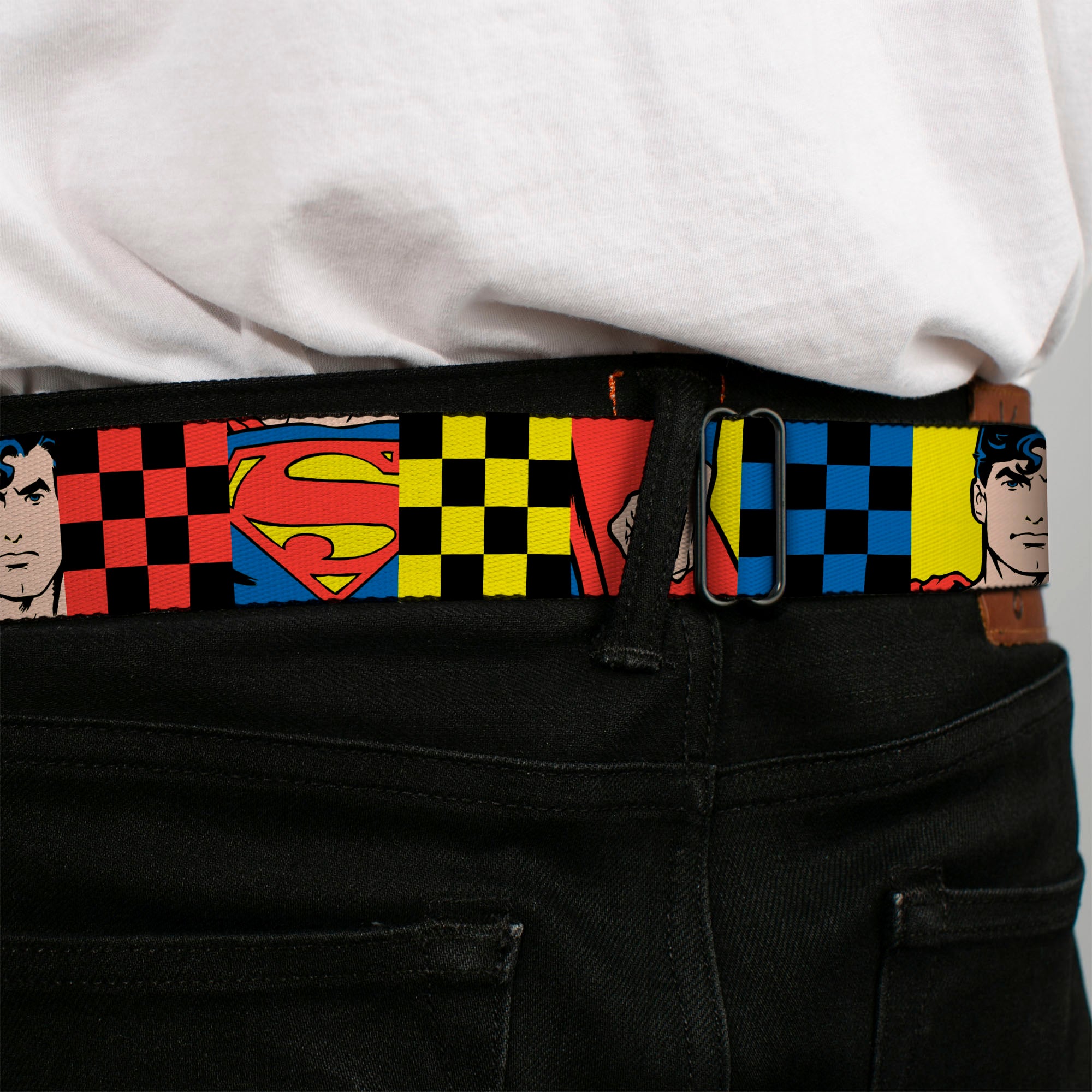 Superman Shield Logo Full Color Black Seatbelt Belt - Superman Character Close-Up and Checker Blocks Multi Color Webbing Seatbelt Belts DC Comics