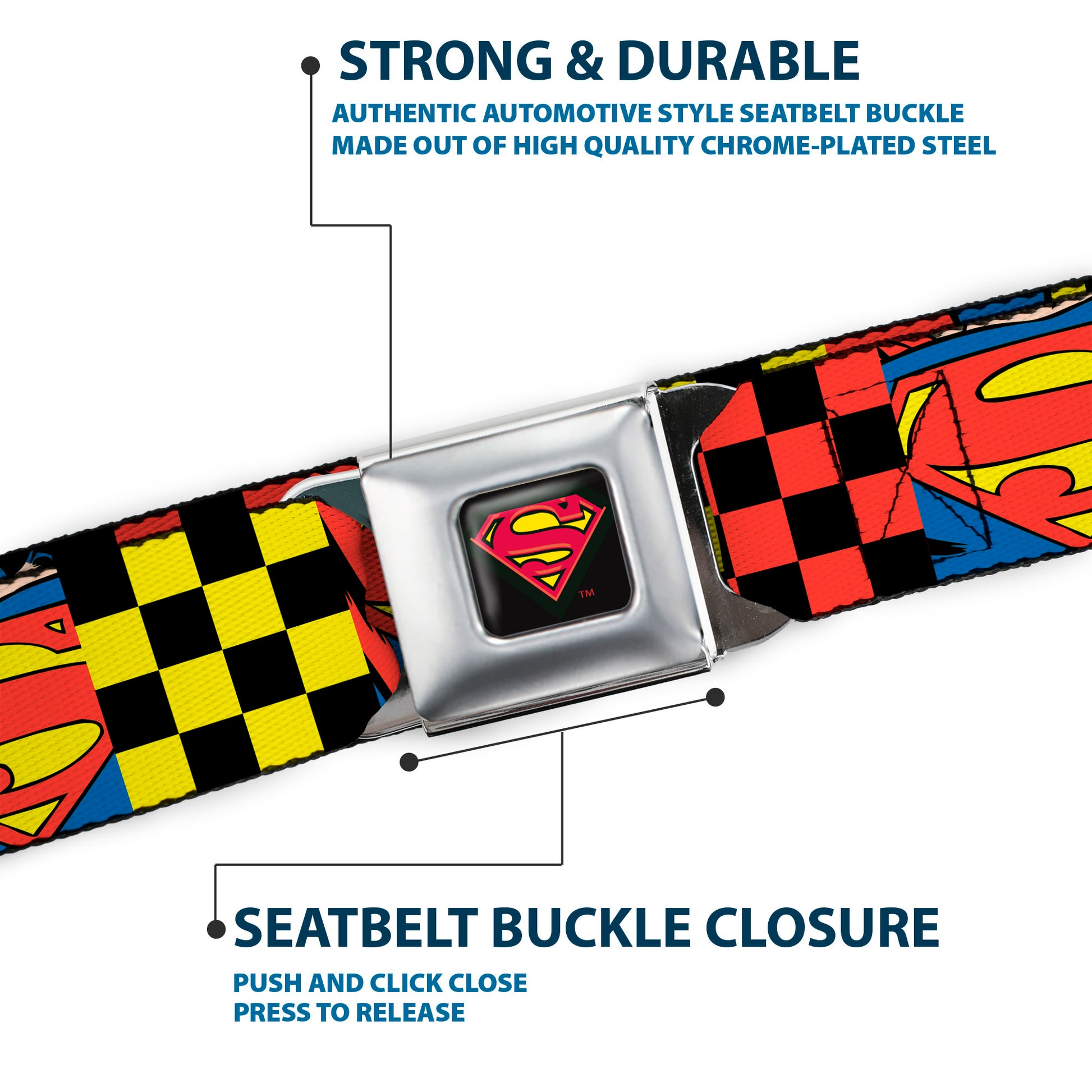 Superman Shield Logo Full Color Black Seatbelt Belt - Superman Character Close-Up and Checker Blocks Multi Color Webbing Seatbelt Belts DC Comics