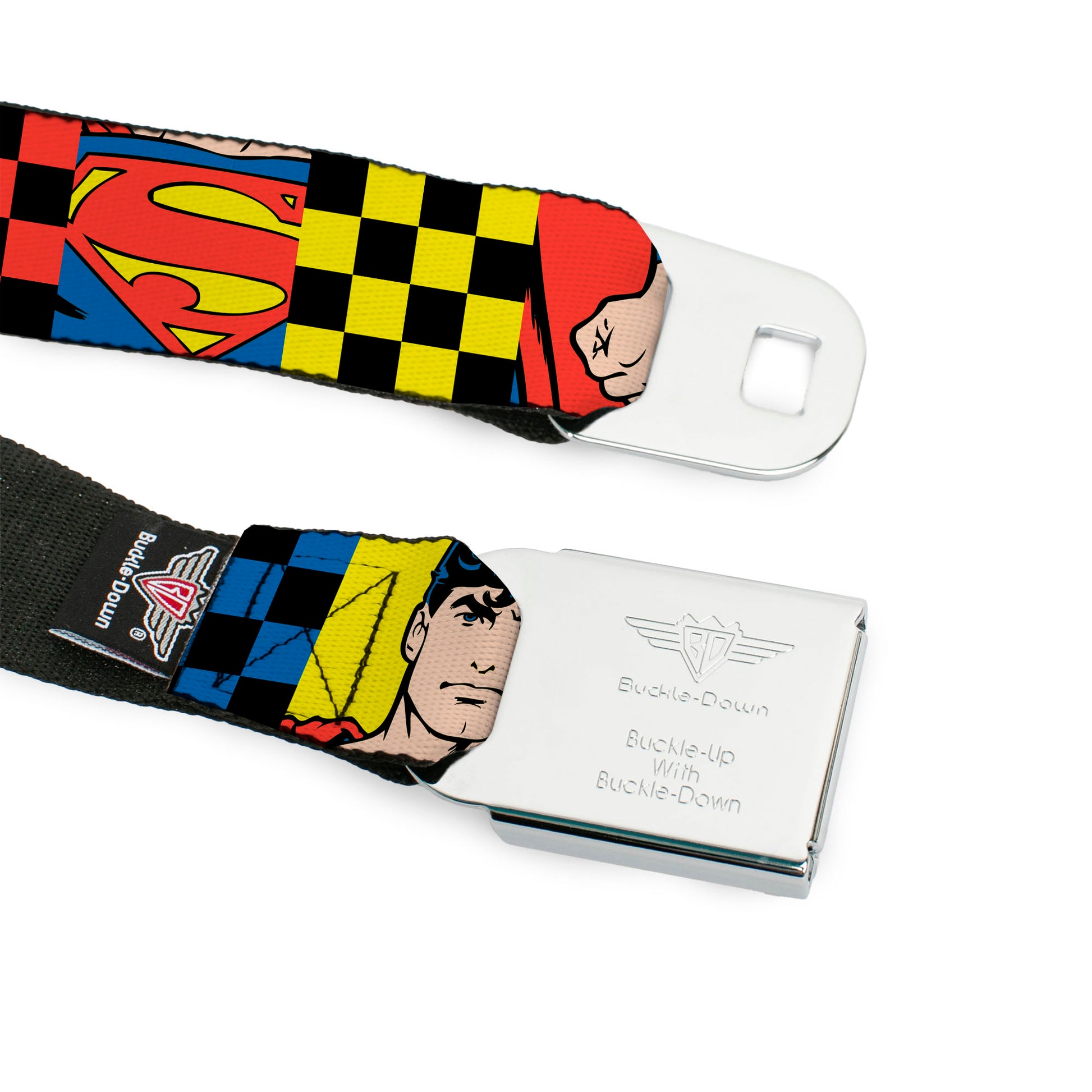 Superman Shield Logo Full Color Black Seatbelt Belt - Superman Character Close-Up and Checker Blocks Multi Color Webbing Seatbelt Belts DC Comics