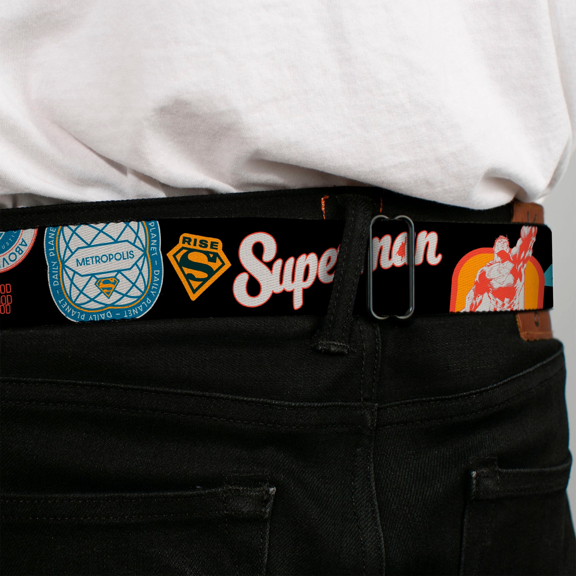 Superman Shield Logo Full Color Black Seatbelt Belt - SUPERMAN Icons and Text Collage Black/Multi Color Webbing Seatbelt Belts DC Comics