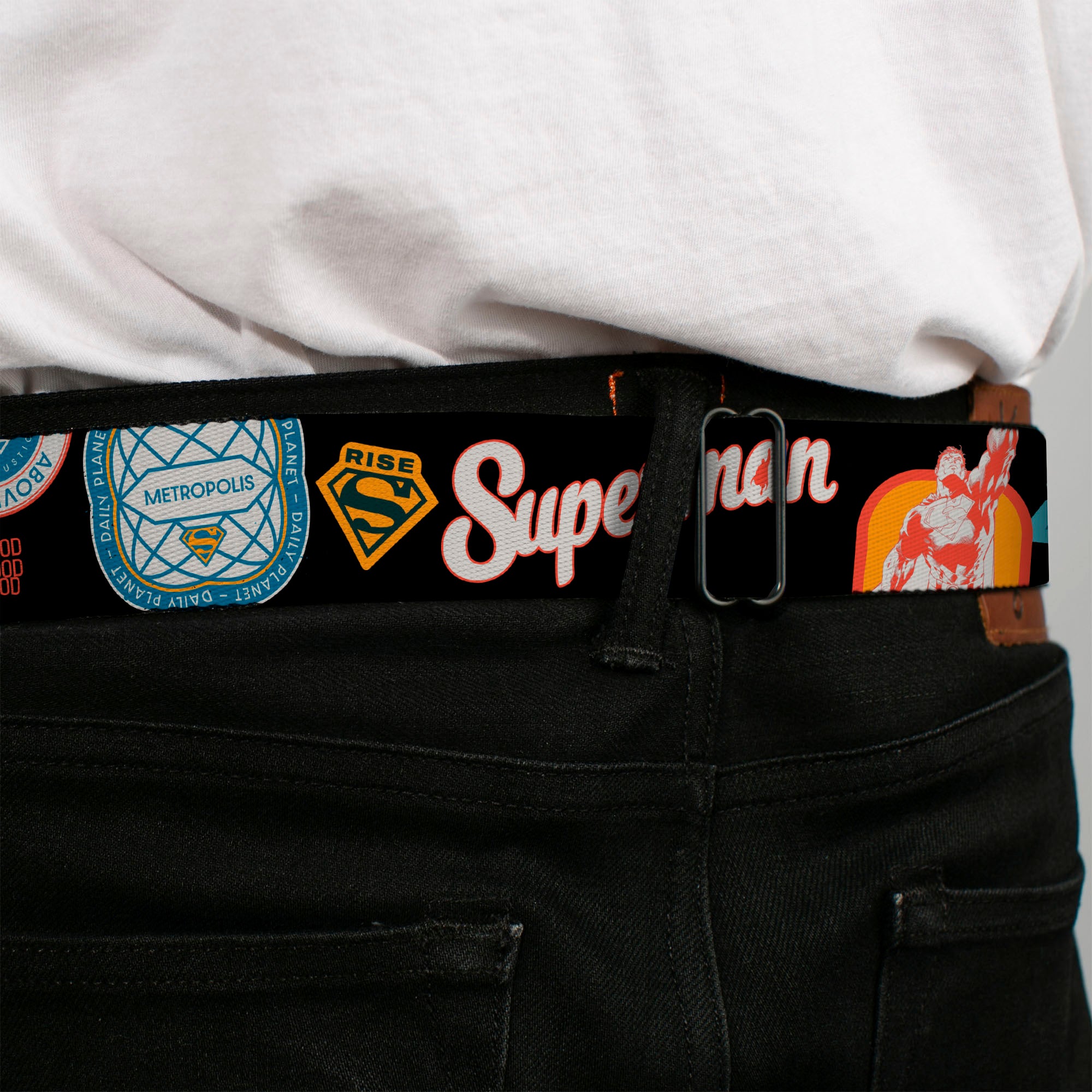 Superman Shield Logo Full Color Black Seatbelt Belt - SUPERMAN Icons and Text Collage Black/Multi Color Webbing Seatbelt Belts DC Comics