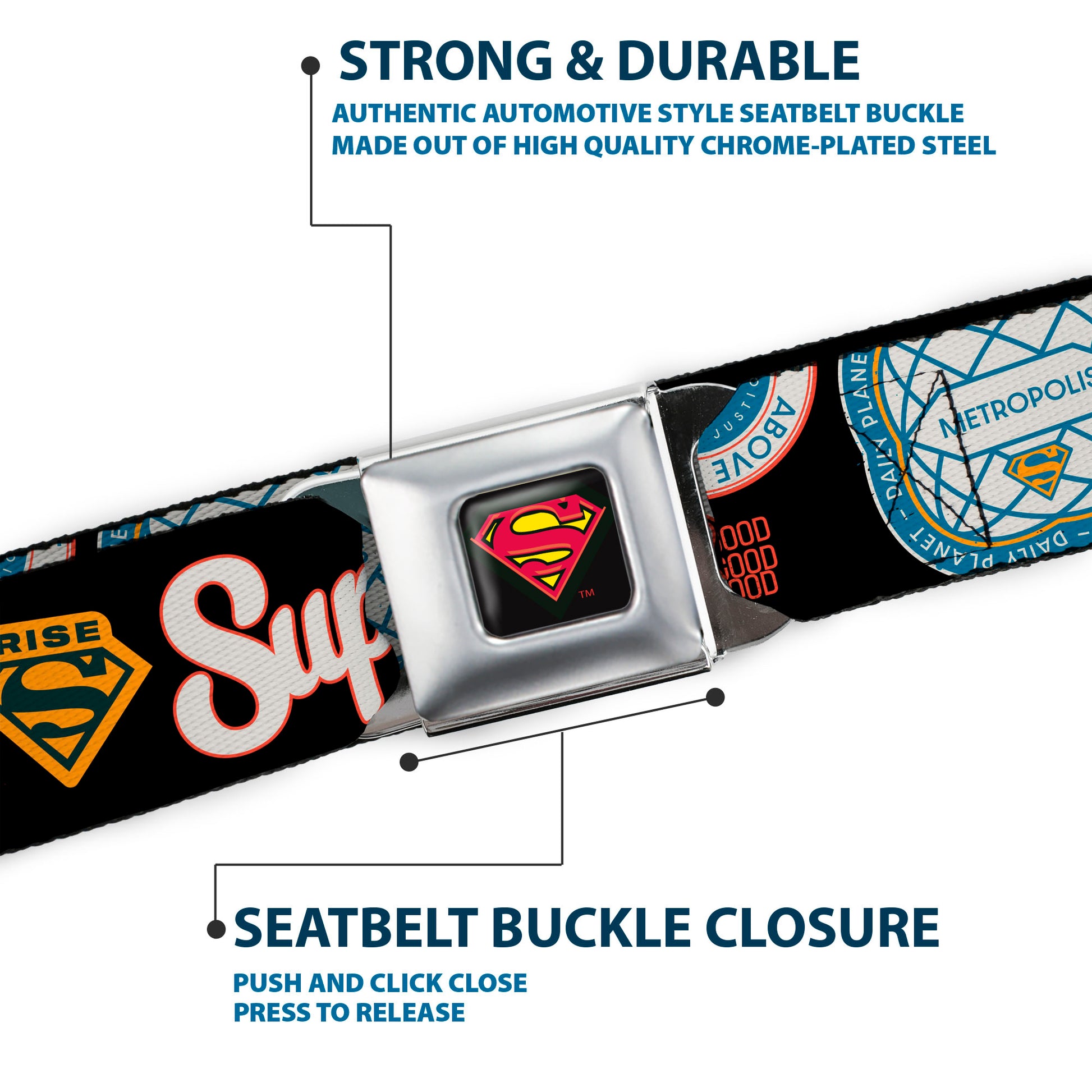 Superman Shield Logo Full Color Black Seatbelt Belt - SUPERMAN Icons and Text Collage Black/Multi Color Webbing Seatbelt Belts DC Comics