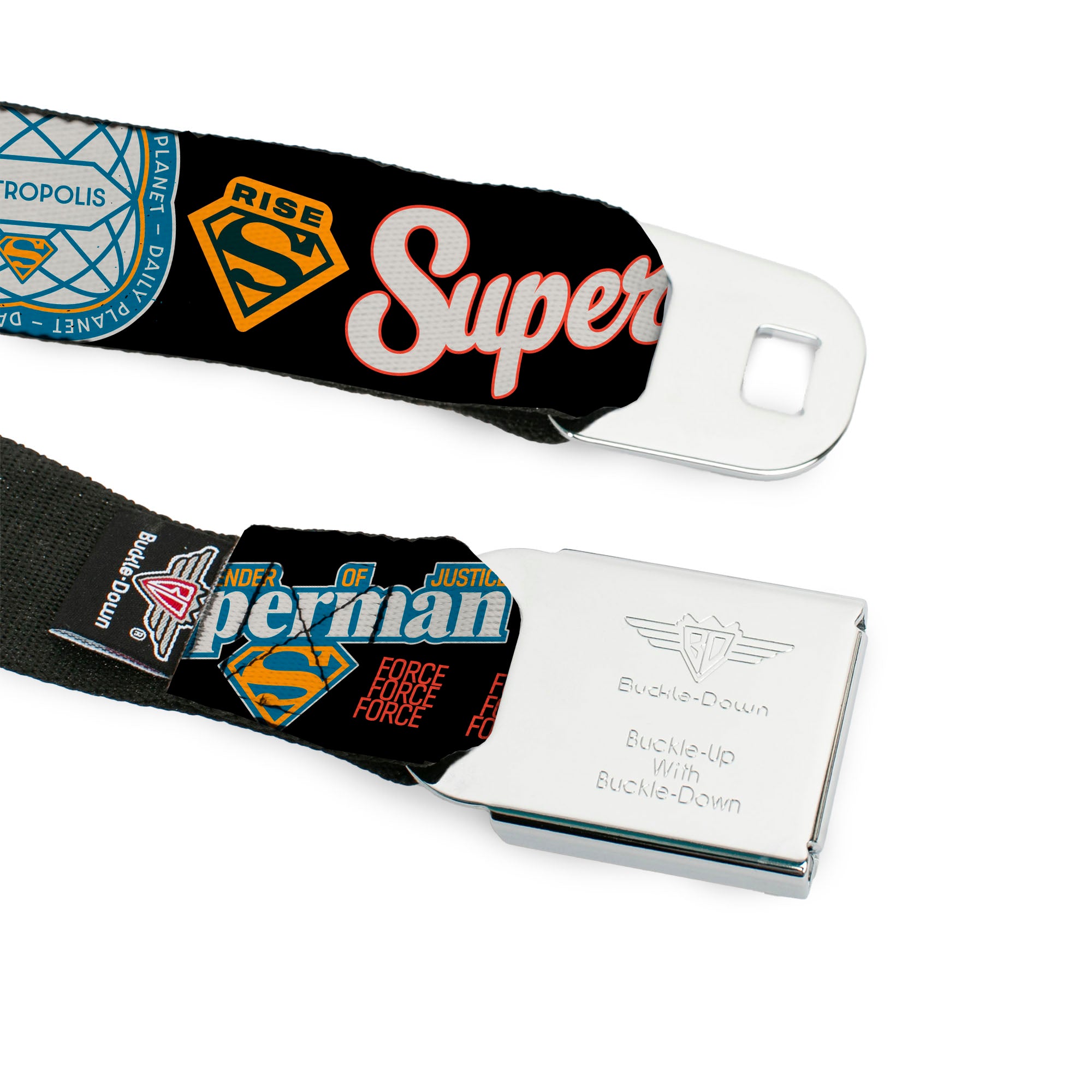 Superman Shield Logo Full Color Black Seatbelt Belt - SUPERMAN Icons and Text Collage Black/Multi Color Webbing Seatbelt Belts DC Comics