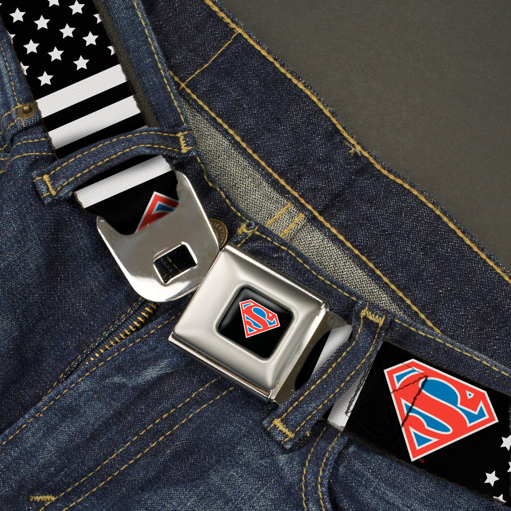 Superman Shield Full Color Black/White/Red/Blue Seatbelt Belt - Superman Shield Americana Stars and Stripes Black/White/Red/Blue Webbing Seatbelt Belts DC Comics