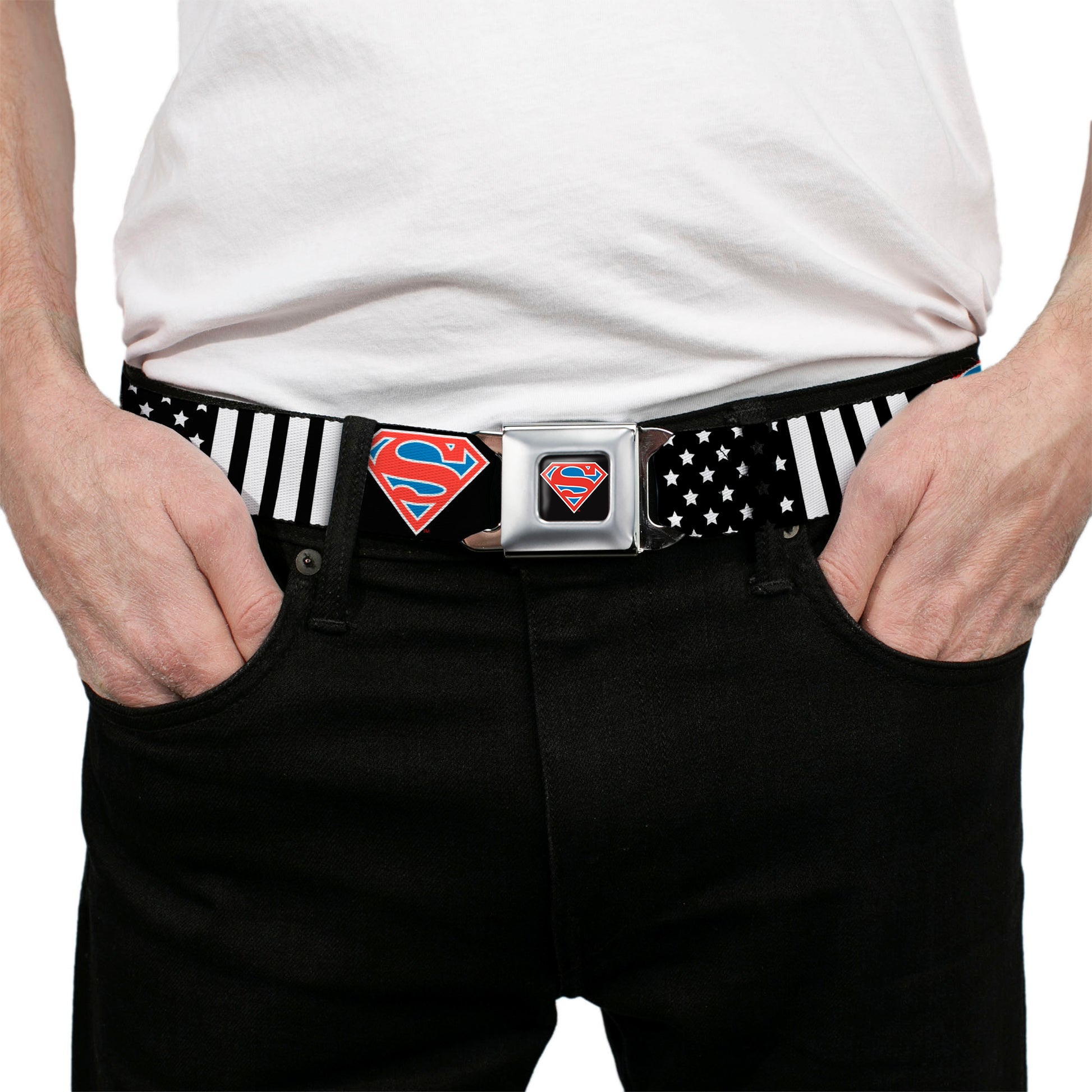 Superman Shield Full Color Black/White/Red/Blue Seatbelt Belt - Superman Shield Americana Stars and Stripes Black/White/Red/Blue Webbing Seatbelt Belts DC Comics