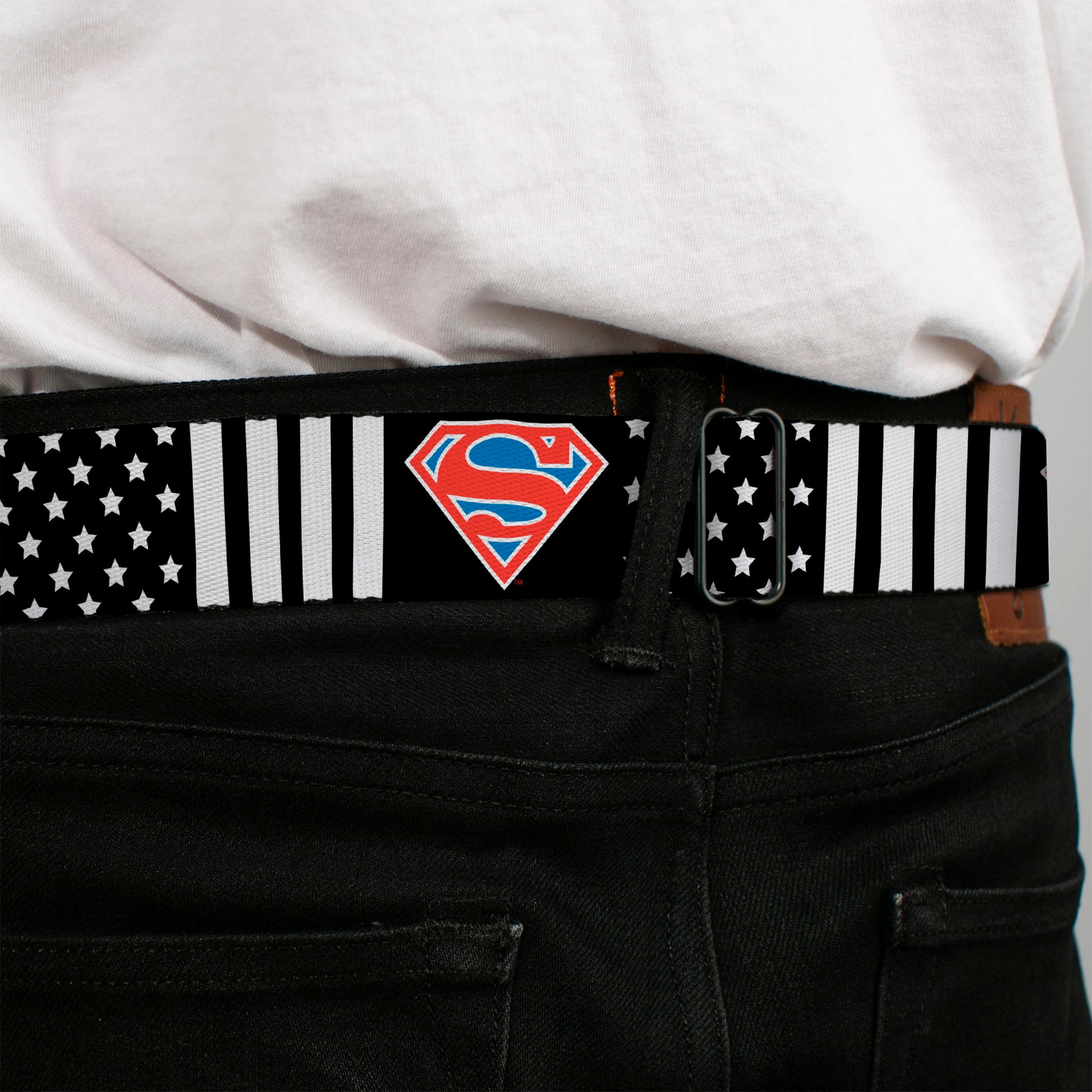 Superman Shield Full Color Black/White/Red/Blue Seatbelt Belt - Superman Shield Americana Stars and Stripes Black/White/Red/Blue Webbing Seatbelt Belts DC Comics