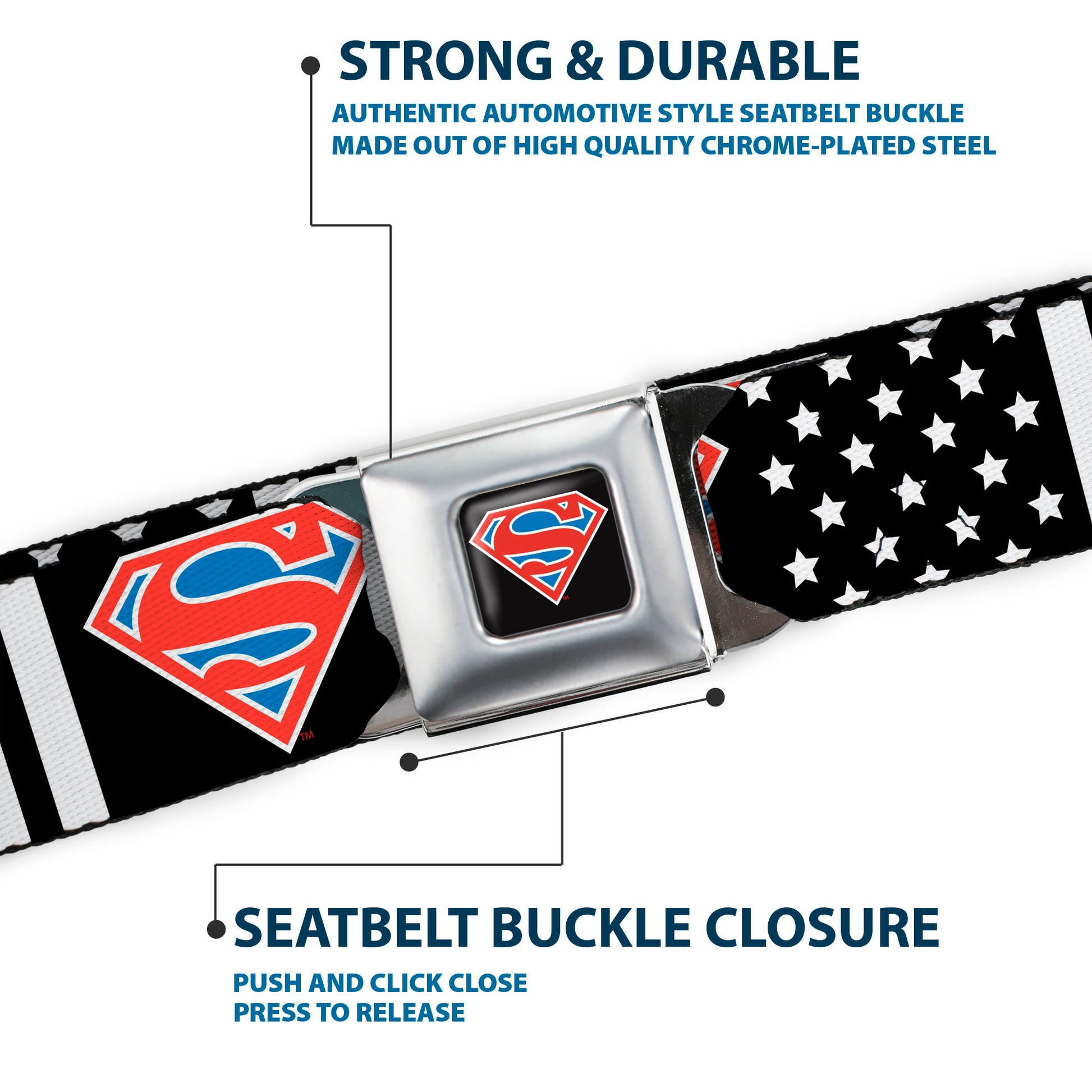 Superman Shield Full Color Black/White/Red/Blue Seatbelt Belt - Superman Shield Americana Stars and Stripes Black/White/Red/Blue Webbing Seatbelt Belts DC Comics
