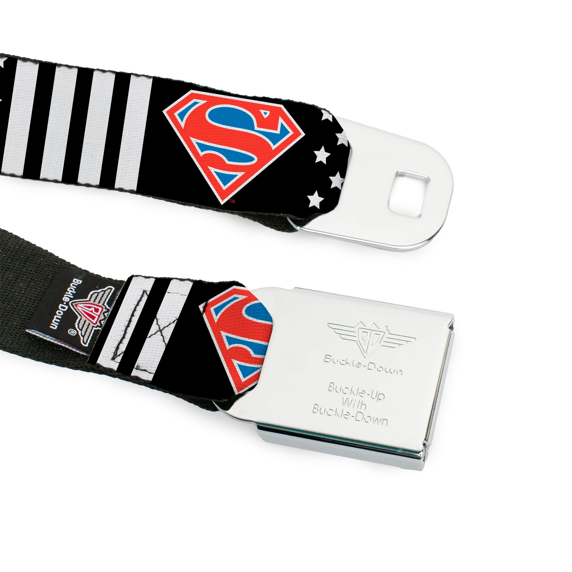 Superman Shield Full Color Black/White/Red/Blue Seatbelt Belt - Superman Shield Americana Stars and Stripes Black/White/Red/Blue Webbing Seatbelt Belts DC Comics