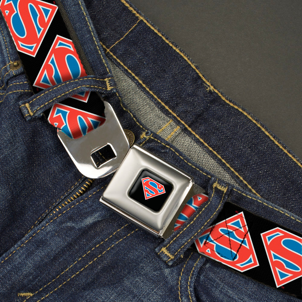 Superman Shield Full Color Black/White/Red/Blue Seatbelt Belt - Superman Shield Flip Americana Black/White/Red/Blue Webbing Seatbelt Belts DC Comics