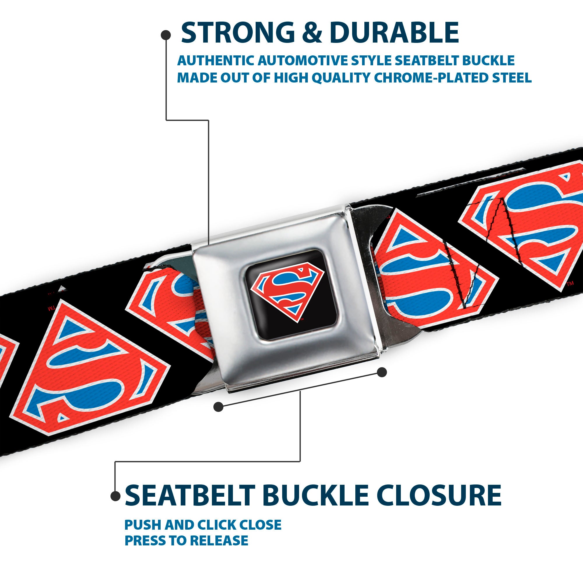 Superman Shield Full Color Black/White/Red/Blue Seatbelt Belt - Superman Shield Flip Americana Black/White/Red/Blue Webbing Seatbelt Belts DC Comics