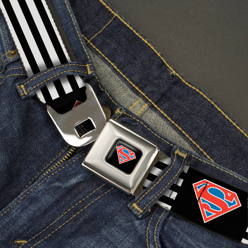 Superman Shield Full Color Black/White/Red/Blue Seatbelt Belt - Superman Shield Flip Americana Stripes Black/White/Red/Blue Webbing Seatbelt Belts DC Comics