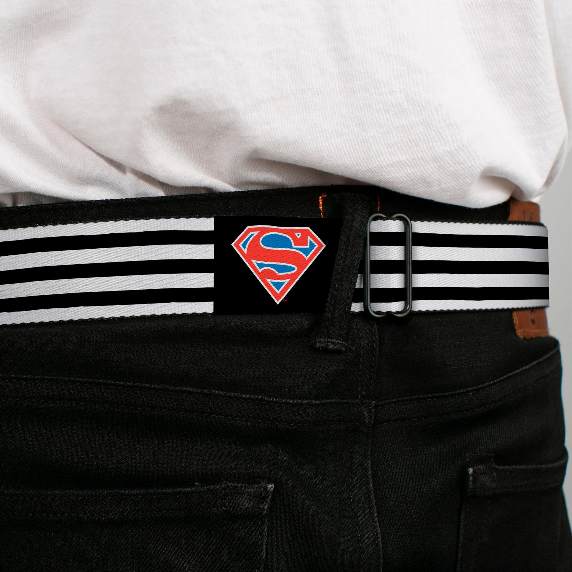 Superman Shield Full Color Black/White/Red/Blue Seatbelt Belt - Superman Shield Flip Americana Stripes Black/White/Red/Blue Webbing Seatbelt Belts DC Comics