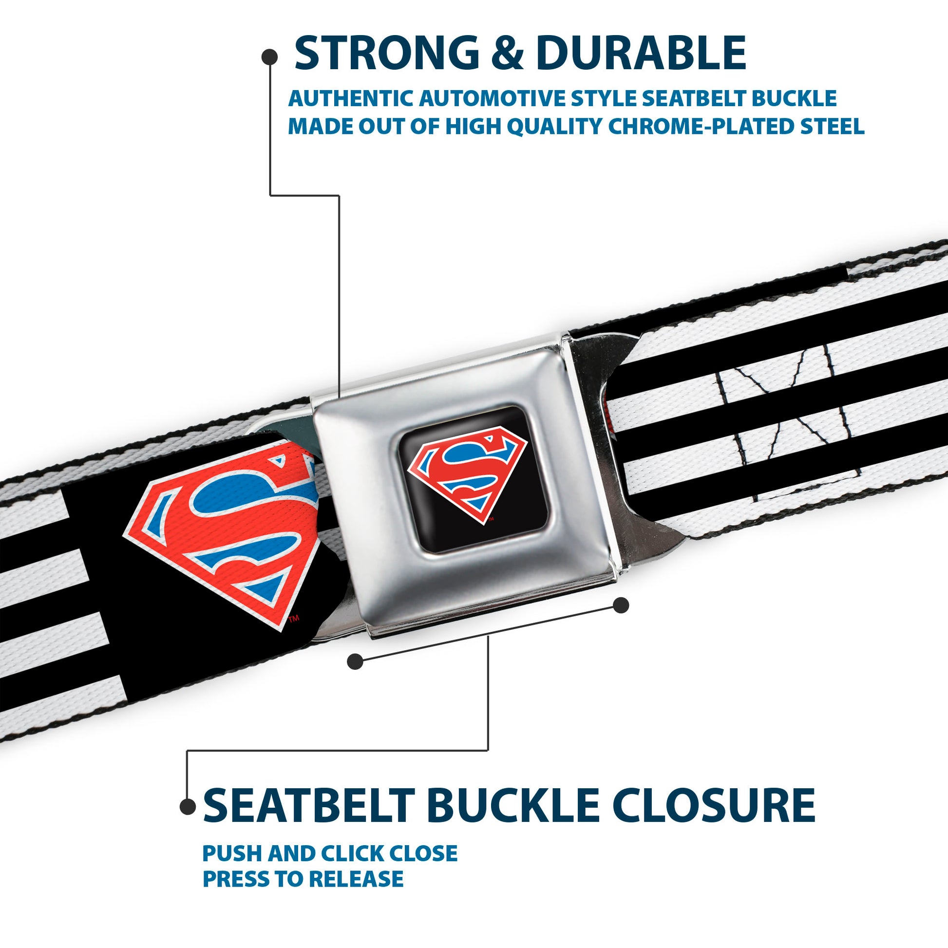 Superman Shield Full Color Black/White/Red/Blue Seatbelt Belt - Superman Shield Flip Americana Stripes Black/White/Red/Blue Webbing Seatbelt Belts DC Comics