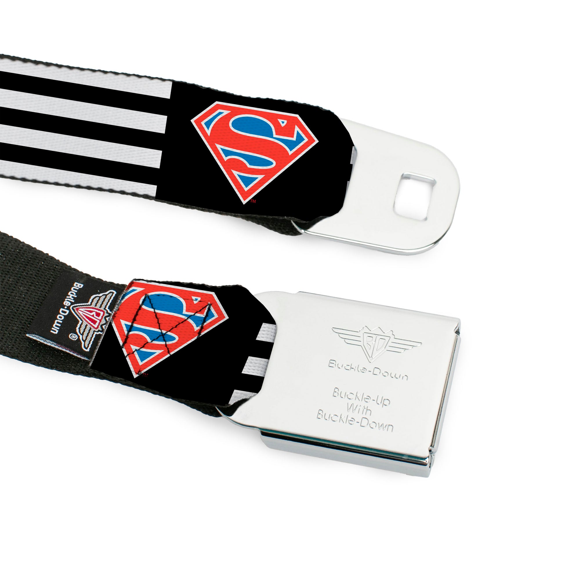 Superman Shield Full Color Black/White/Red/Blue Seatbelt Belt - Superman Shield Flip Americana Stripes Black/White/Red/Blue Webbing Seatbelt Belts DC Comics
