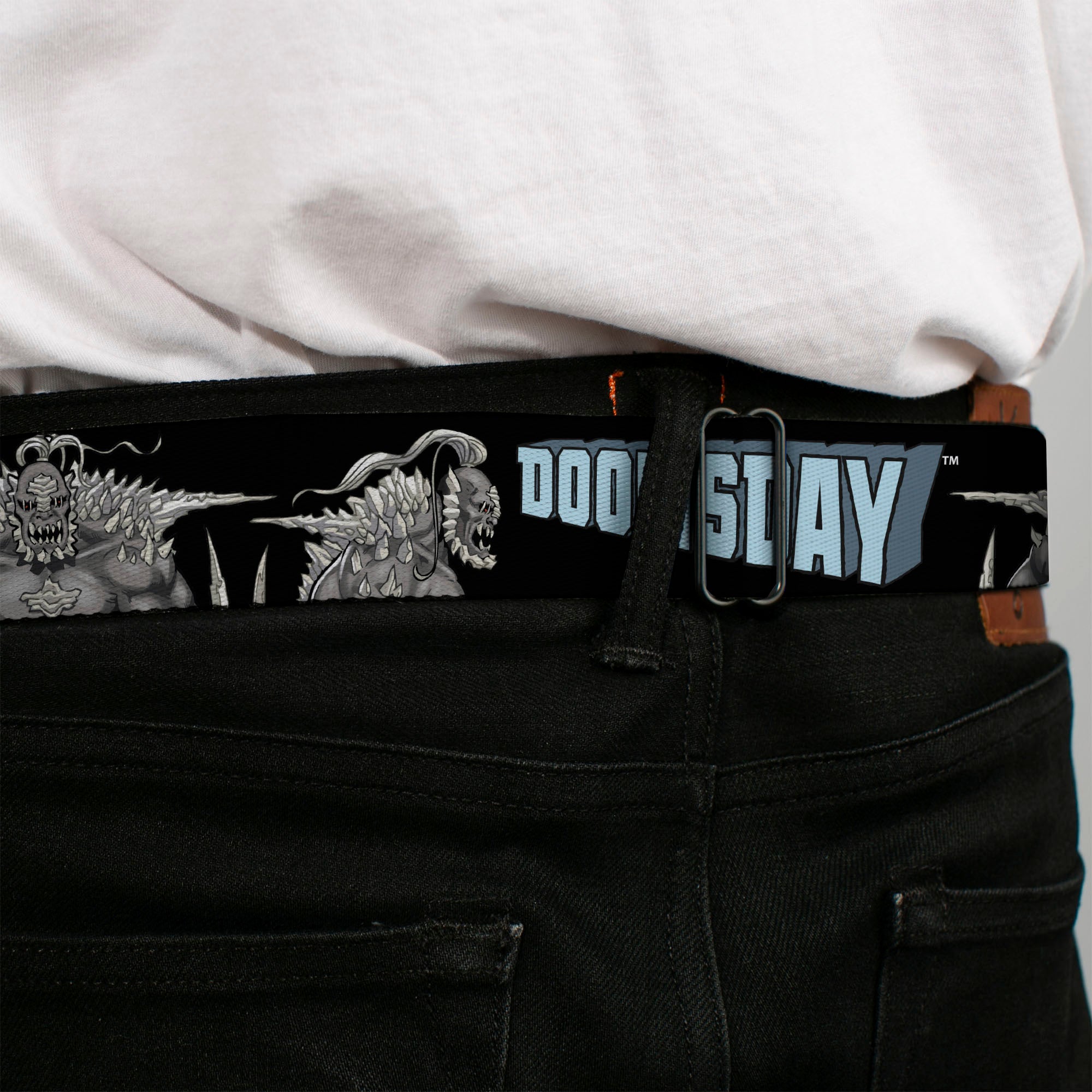 DOOMSDAY Title Logo Full Color Black Seatbelt Belt - DC Superman Villain DOOMSDAY Pose and Title Logo Black Webbing Seatbelt Belts DC Comics