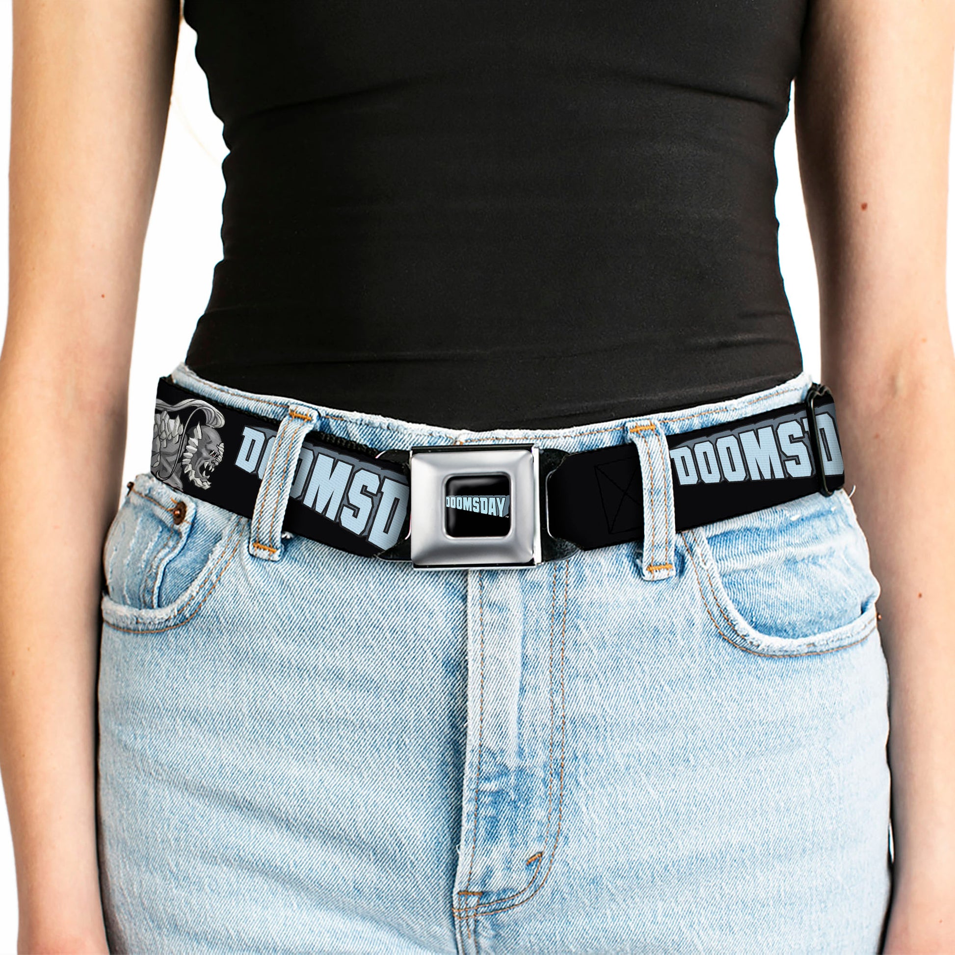 DOOMSDAY Title Logo Full Color Black Seatbelt Belt - DC Superman Villain DOOMSDAY Pose and Title Logo Black Webbing Seatbelt Belts DC Comics