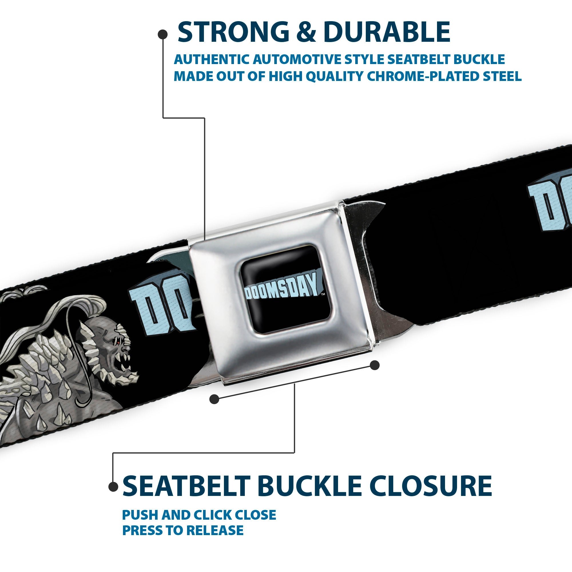 DOOMSDAY Title Logo Full Color Black Seatbelt Belt - DC Superman Villain DOOMSDAY Pose and Title Logo Black Webbing Seatbelt Belts DC Comics
