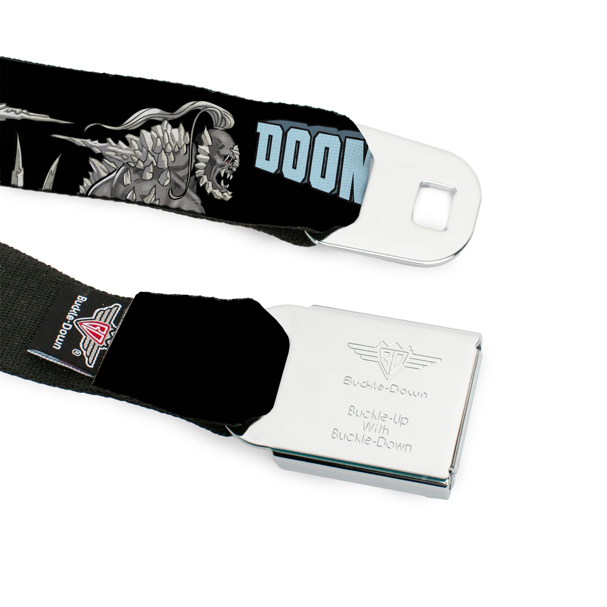 DOOMSDAY Title Logo Full Color Black Seatbelt Belt - DC Superman Villain DOOMSDAY Pose and Title Logo Black Webbing Seatbelt Belts DC Comics
