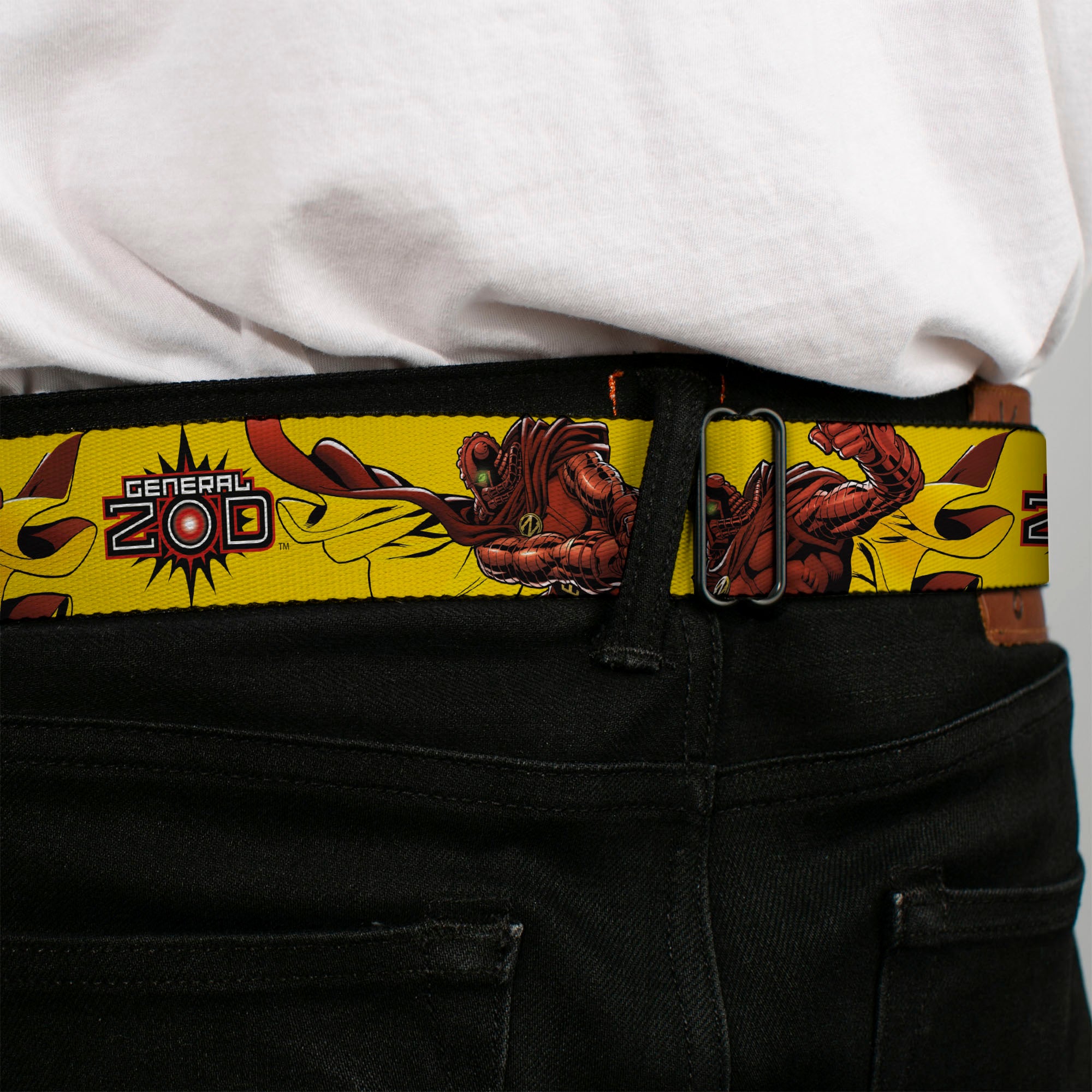 GENERAL ZOD Title Logo Full Color Yellow Seatbelt Belt - DC Superman Villain GENERAL ZOD Poses and Text Yellow/Red Webbing Seatbelt Belts DC Comics