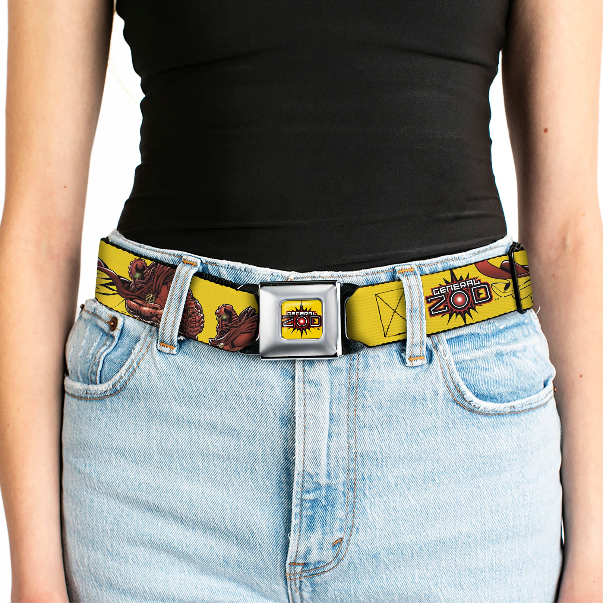GENERAL ZOD Title Logo Full Color Yellow Seatbelt Belt - DC Superman Villain GENERAL ZOD Poses and Text Yellow/Red Webbing Seatbelt Belts DC Comics