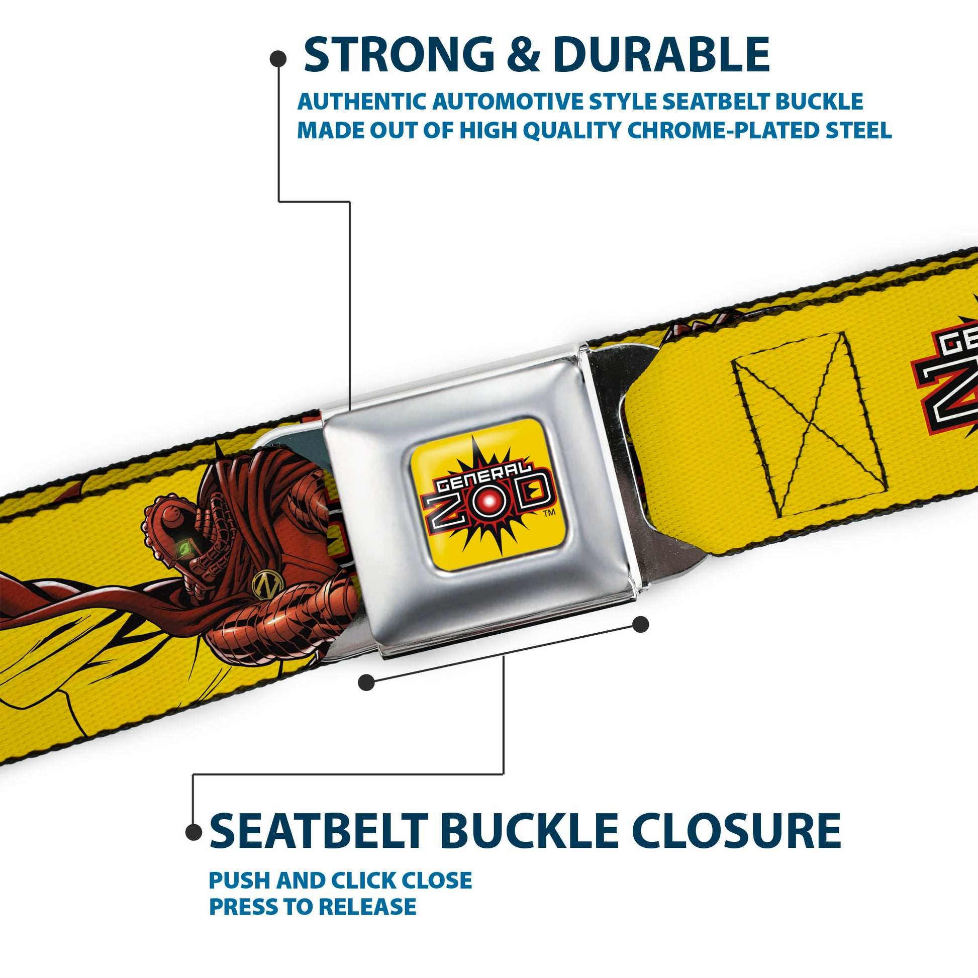 GENERAL ZOD Title Logo Full Color Yellow Seatbelt Belt - DC Superman Villain GENERAL ZOD Poses and Text Yellow/Red Webbing Seatbelt Belts DC Comics