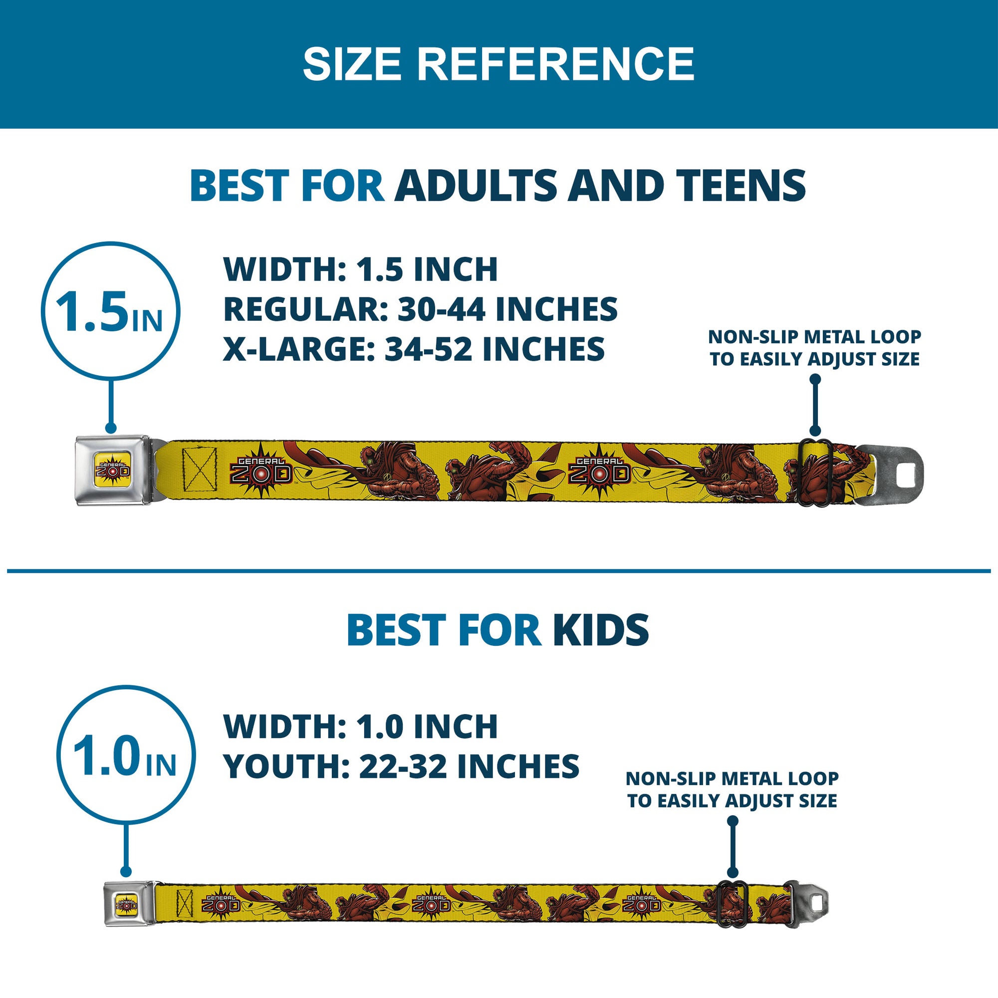 GENERAL ZOD Title Logo Full Color Yellow Seatbelt Belt - DC Superman Villain GENERAL ZOD Poses and Text Yellow/Red Webbing Seatbelt Belts DC Comics