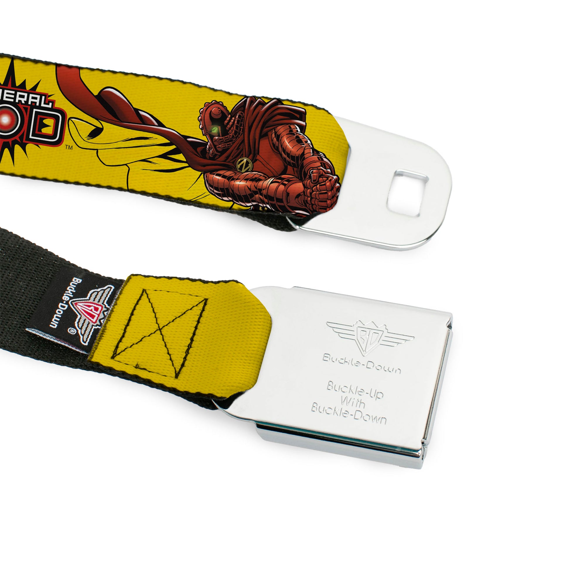 GENERAL ZOD Title Logo Full Color Yellow Seatbelt Belt - DC Superman Villain GENERAL ZOD Poses and Text Yellow/Red Webbing Seatbelt Belts DC Comics
