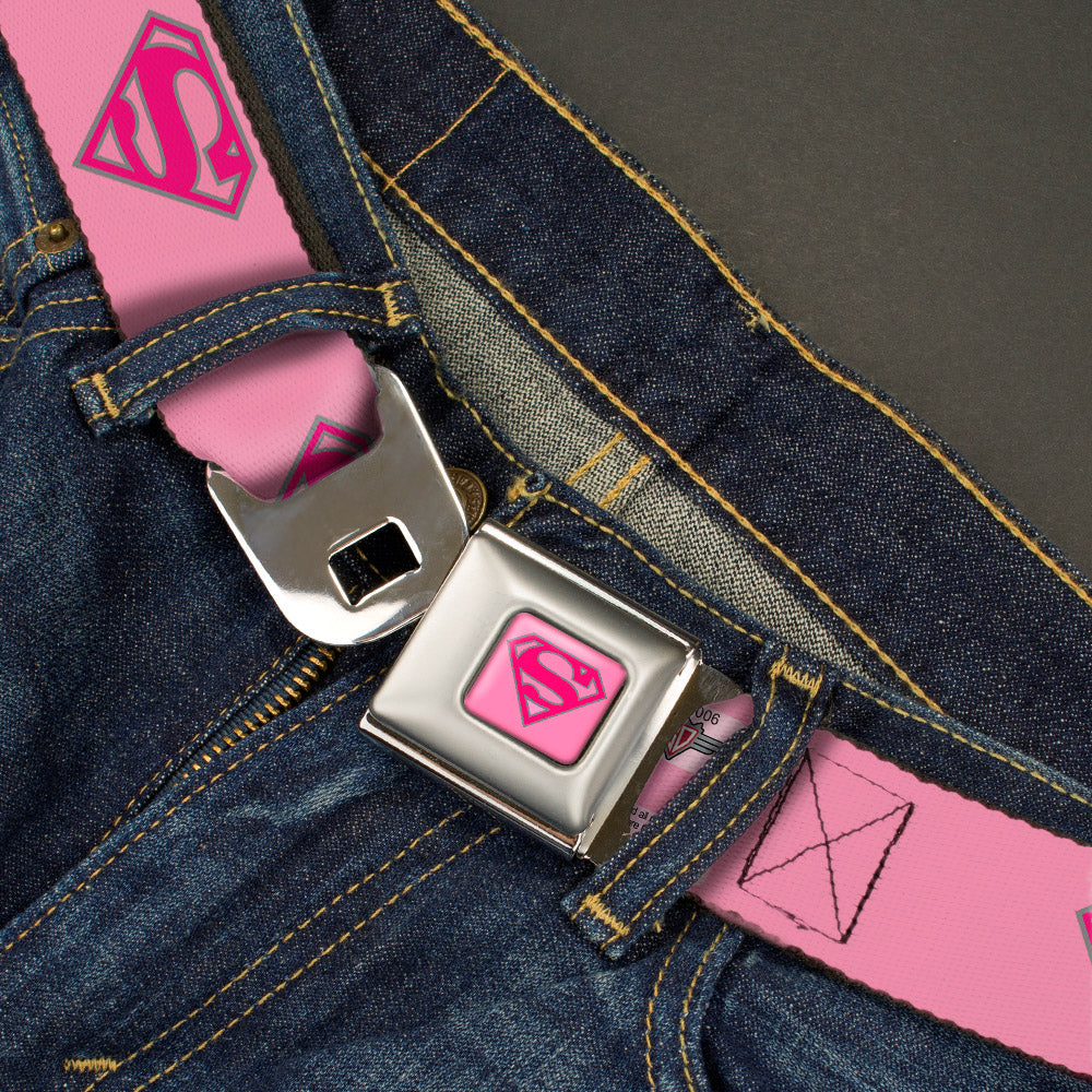 Superman Full Color Pink Seatbelt Belt - Superman Shield Pink Webbing Seatbelt Belts DC Comics