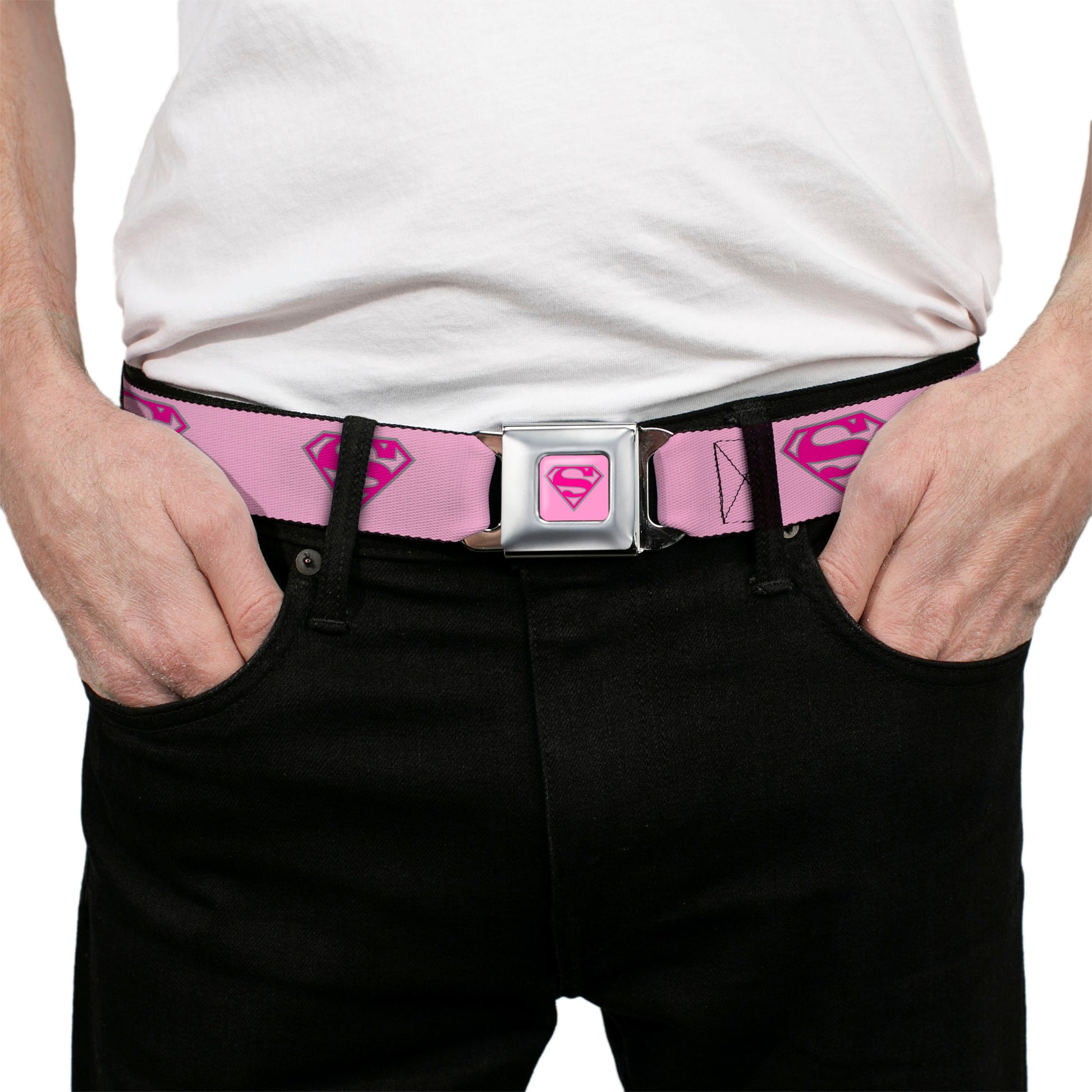 Superman Full Color Pink Seatbelt Belt - Superman Shield Pink Webbing Seatbelt Belts DC Comics