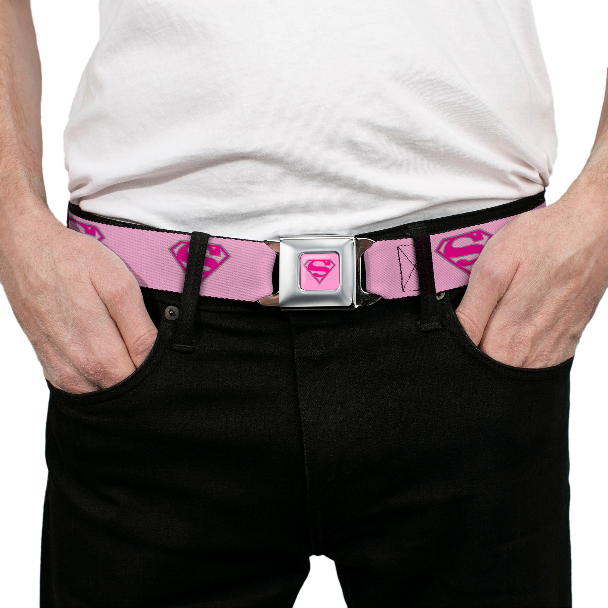 Superman Full Color Pink Seatbelt Belt - Superman Shield Pink Webbing Seatbelt Belts DC Comics