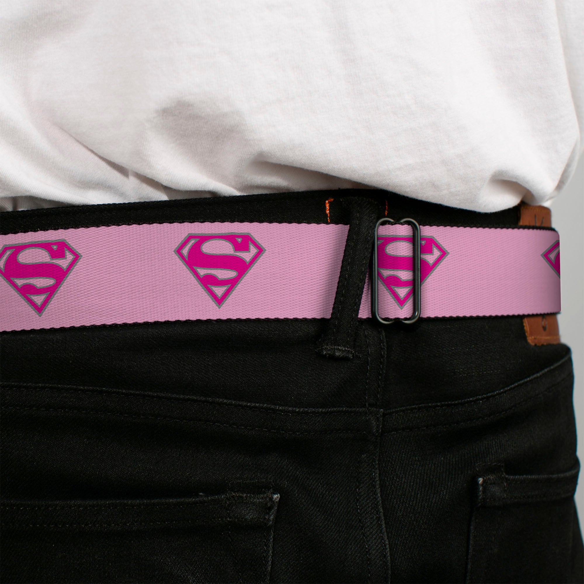 Superman Full Color Pink Seatbelt Belt - Superman Shield Pink Webbing Seatbelt Belts DC Comics